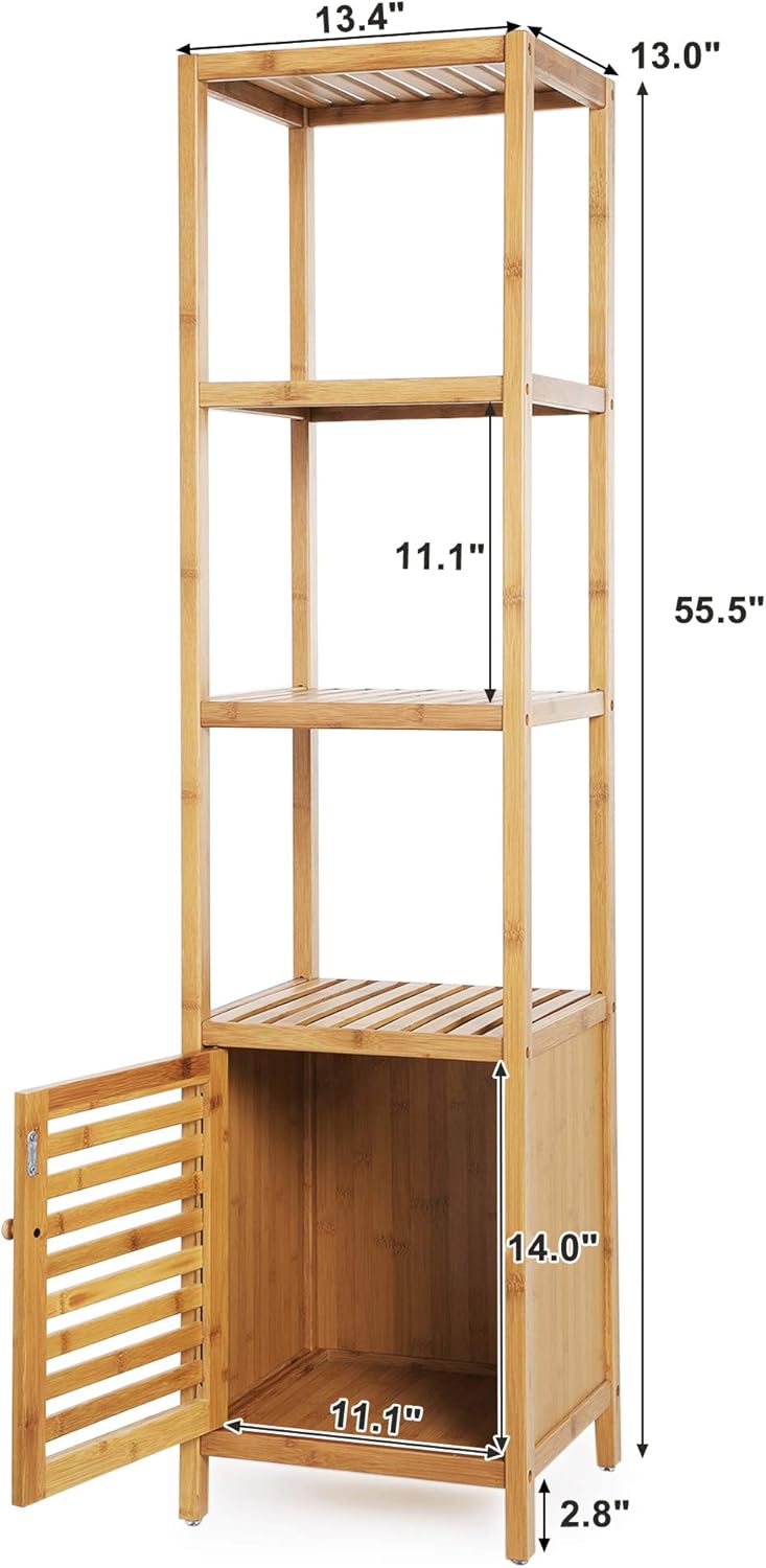 SONGMICS Bamboo Bathroom Storage Floor Cabinet, 4 Tiers Multifunctional Floor Shelving Unit, Free Standing Tower Corner Rack, Natural UBCB50Y