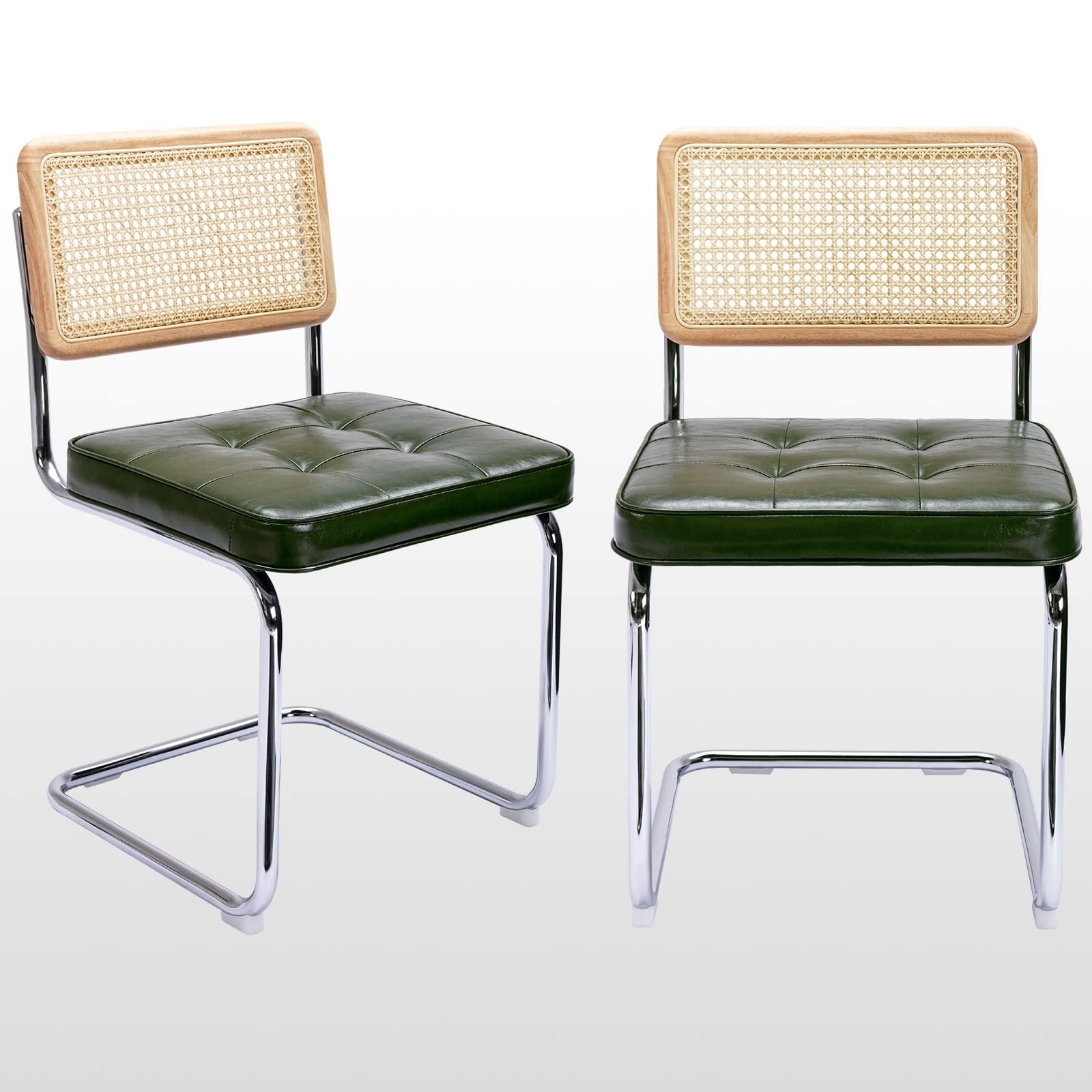 Zesthouse Natural Rattan Dining Chairs Set of 2, Olive Green Modern Kitchen Chairs with Solid Wood Back & Chrome Base, Mid Century Breuer Design Inspired, Upholstered Velvet Fabric