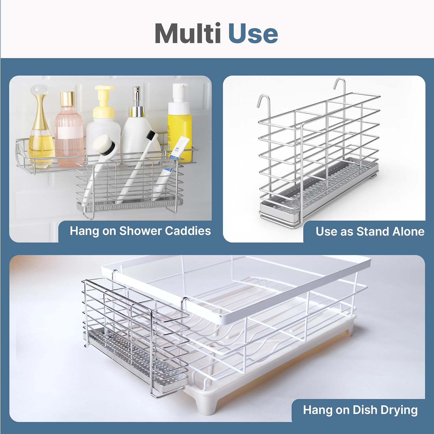 KESOL 304 Stainless Steel Utensil Drying Rack with Hooks & 3 Divided Compartments, Silverware Drying Basket, Spoon and Fork Organizer, Rustproof Kitchen Drainage Basket Accessories, Silver, 2x8.7x5