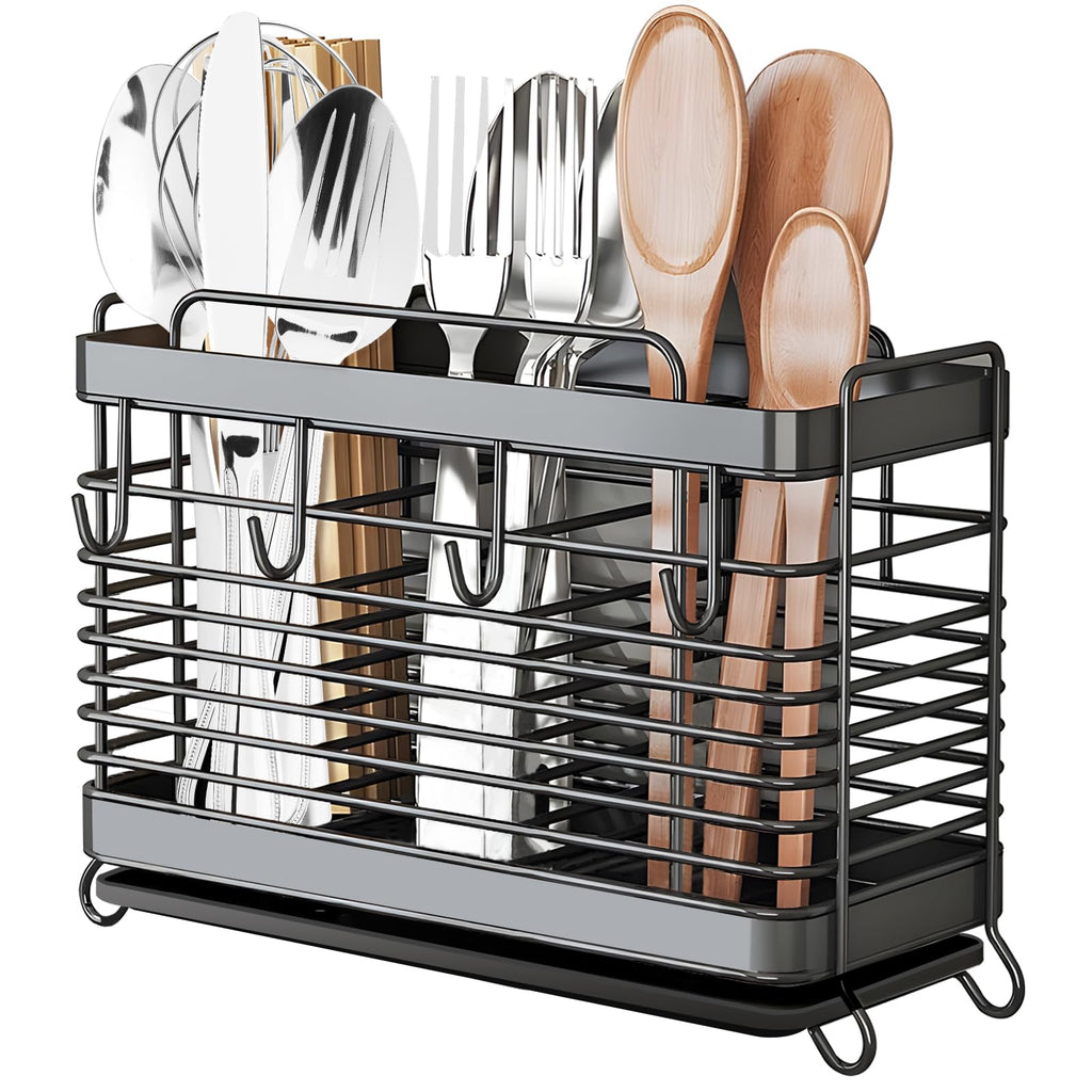 Utensil Holder, Stainless Steel Utensil Drying Rack with Drain Tray, Kitchen Counter Drainer Basket Silverware Cutlery Flatware Holder Forks, Knives, Spoons, Chopsticks Organizer (Silver)