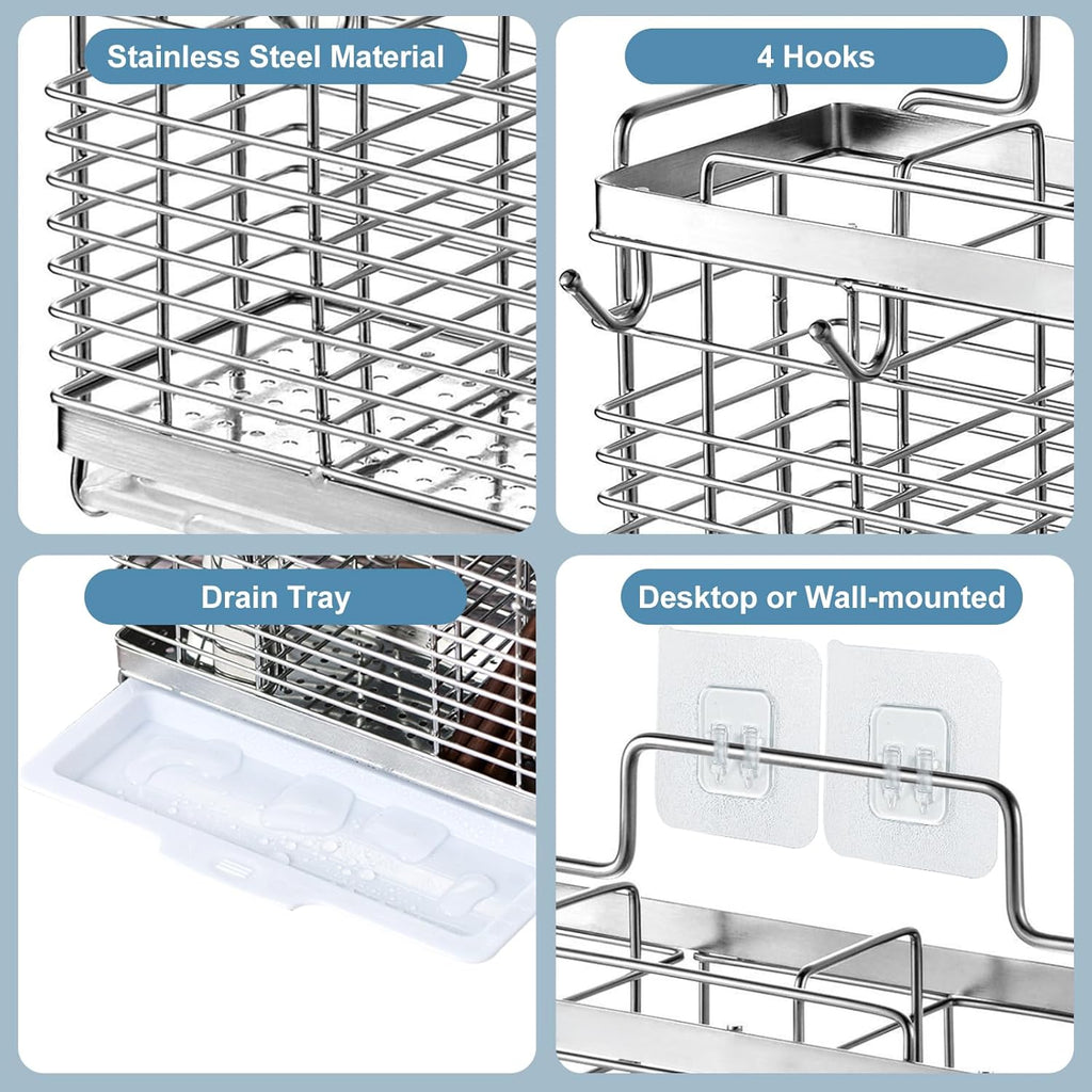 Utensil Holder, Stainless Steel Utensil Drying Rack with Drain Tray, Kitchen Counter Drainer Basket Silverware Cutlery Flatware Holder Forks, Knives, Spoons, Chopsticks Organizer (Silver)