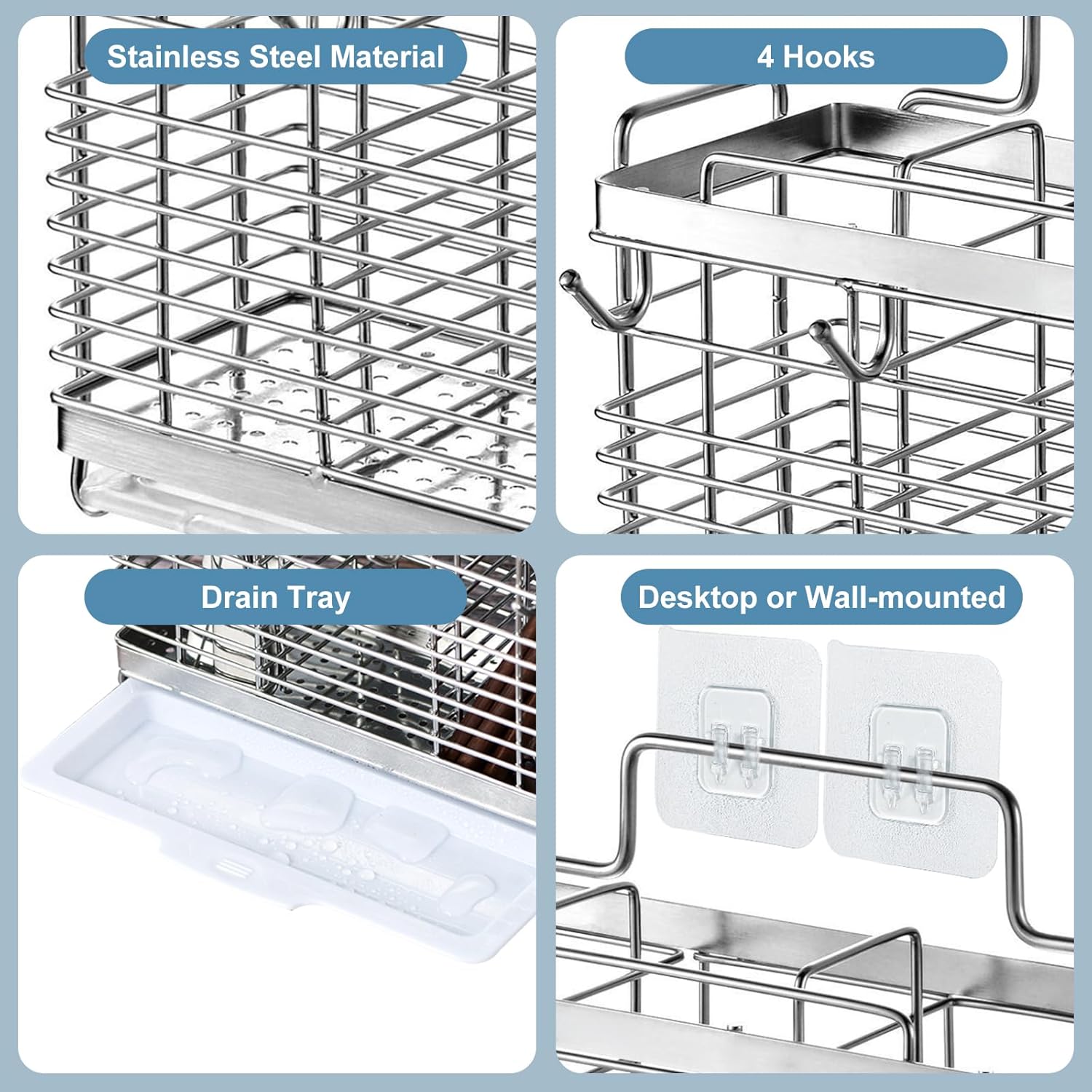 Utensil Holder, Stainless Steel Utensil Drying Rack with Drain Tray, Kitchen Counter Drainer Basket Silverware Cutlery Flatware Holder Forks, Knives, Spoons, Chopsticks Organizer (Silver)