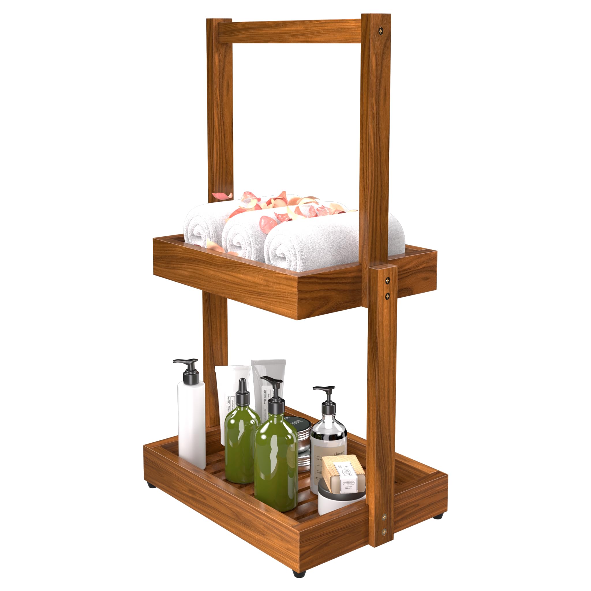 Teak Shower Shelf Bathroom Organizer - 3 Tier Multipurpose Shower Caddy with Non-Slip Base, Rustproof Durable Standing Towel Rack Toilet Paper Roll Holder for Bathroom Livingroom