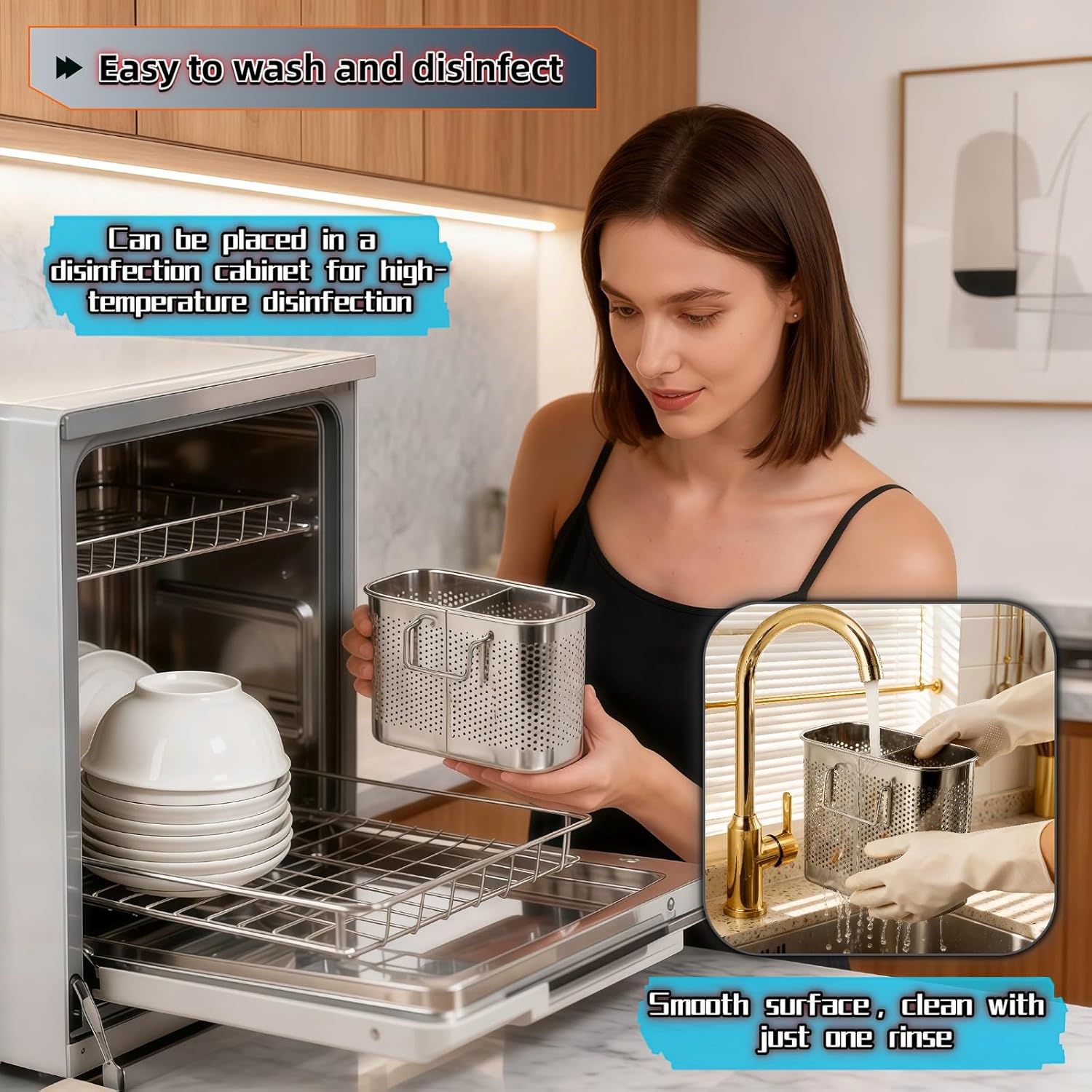 304 Stainless Steel Utensil Drainer, 2-Tier Silverware Drying Rack with Hooks, Anti-Rust Kitchen Sink Organizer & Cutlery Holder for Dishwasher, Countertop Space-Saving Storage, Brushed Finish