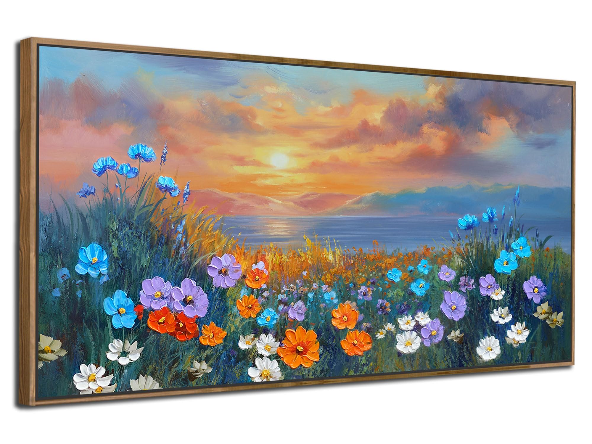 Ardemy Framed Lake & Mountain Canvas Wall Art 40"x20", Textured Blue-Green Landscape Painting, Large Nature Picture for Living Room Bedroom Office Decor