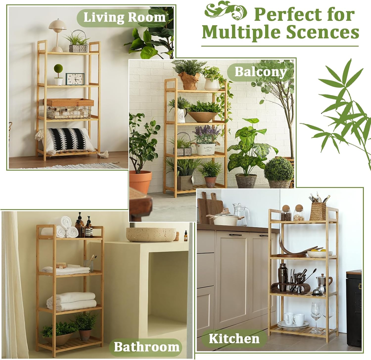 Bamboo Bathroom Shelf Organizer, 4 Tier Wooden Bathroom Rack with Adjustable Shelves, Free Standing Shelving Unit Open Bookcase Plant Shelf Indoor, 39" Storage Shelves for Kitchen Living Room