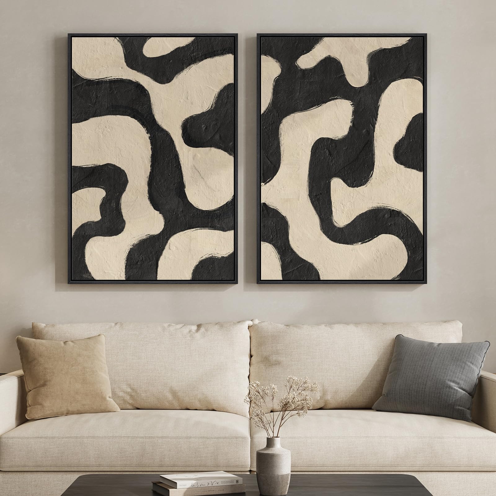 Framed Sage Green Abstract Wall Art for Living Room, Large Set of 2 Abstract Landscape Canvas Artwork for Walls, Minimalist Painting Print for Bedroom Dining Room Office Hallway Wall Decor, 24x36 Inch