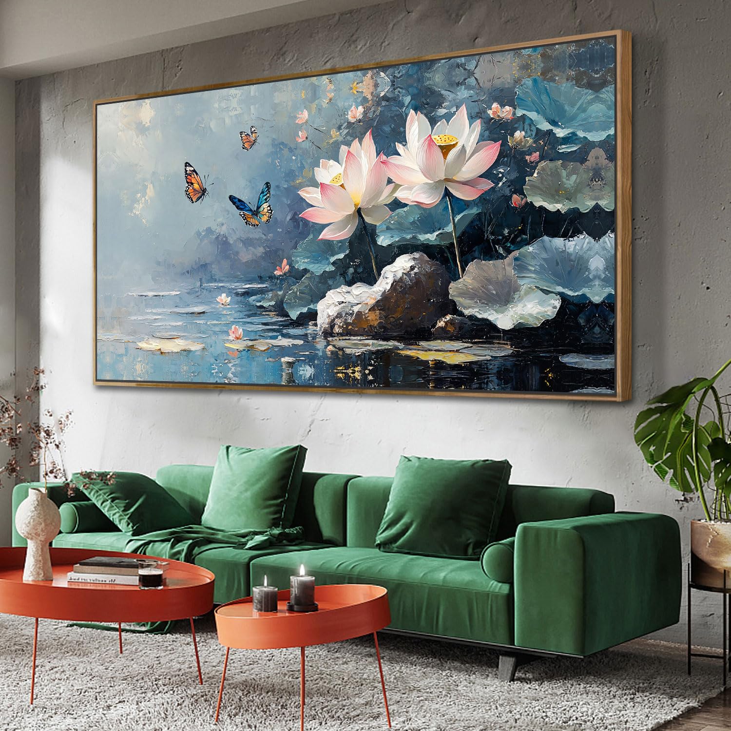 Ardemy Framed Lake & Mountain Canvas Wall Art 40"x20", Textured Blue-Green Landscape Painting, Large Nature Picture for Living Room Bedroom Office Decor