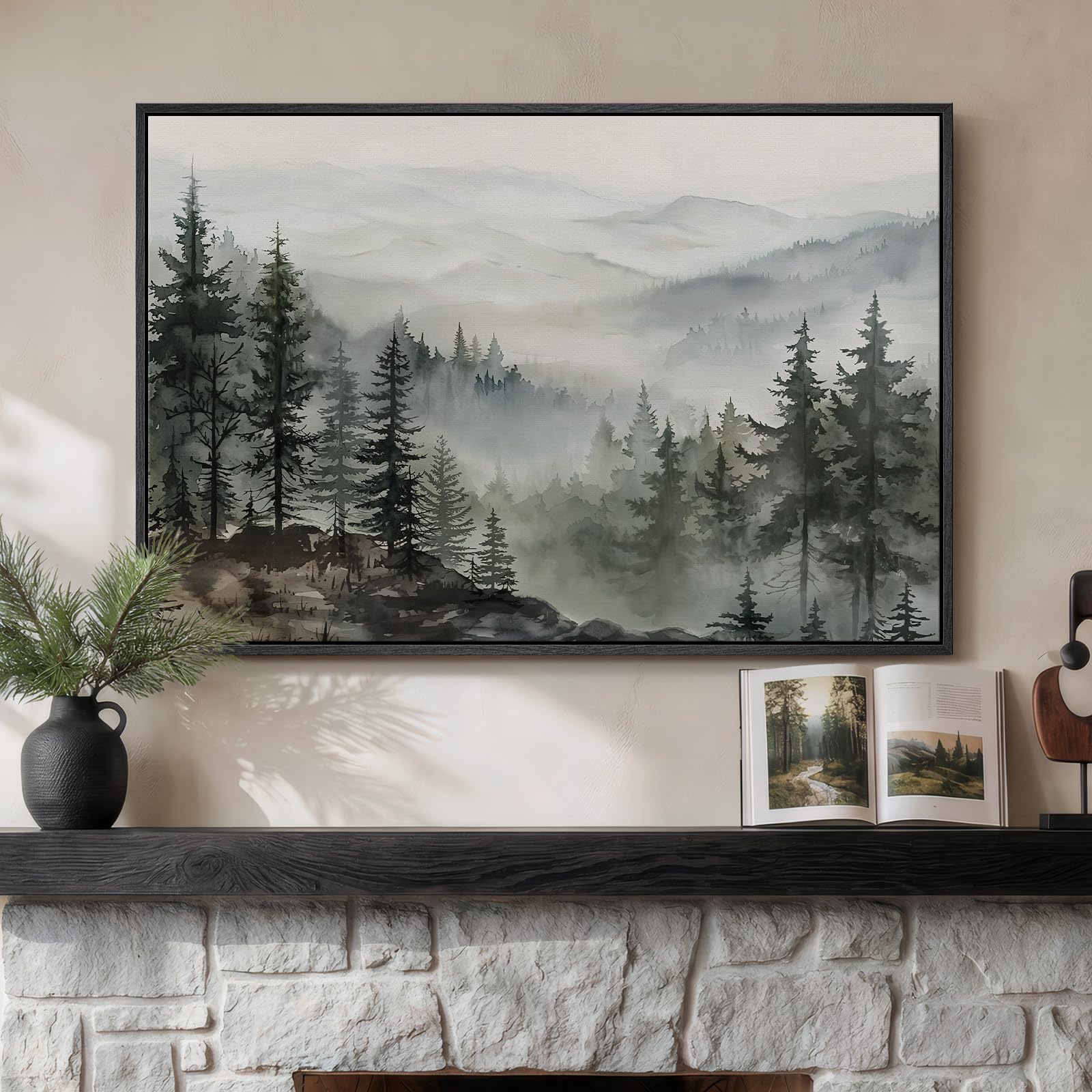 Framed Forest Landscape Wall Art, Horizontal Nature Sunset Canvas Artwork for Walls, Wilderness Scenery Photography Picture, Green Peaceful Print for Living Room Hallway Office Wall Decor, 24x36 Inch