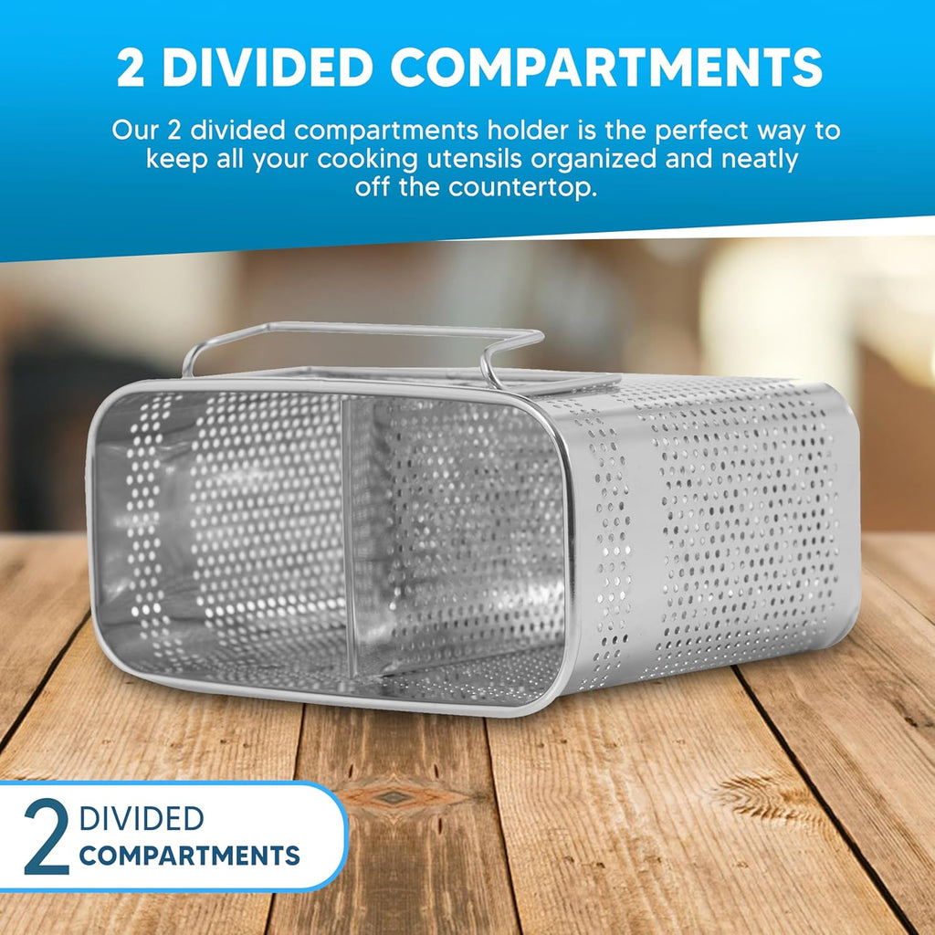 HOME&I Silverware Drying Basket, Hanging Rectangular Utensil Holder with 2 Compartments, Stainless Steel 304 Cutlery Caddy for Dish Rack, Kitchen Sink & Countertop