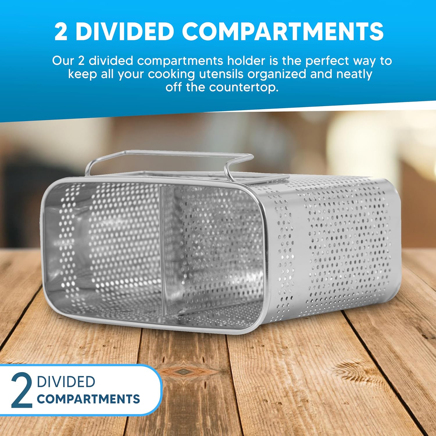 HOME&I Silverware Drying Basket, Hanging Rectangular Utensil Holder with 2 Compartments, Stainless Steel 304 Cutlery Caddy for Dish Rack, Kitchen Sink & Countertop