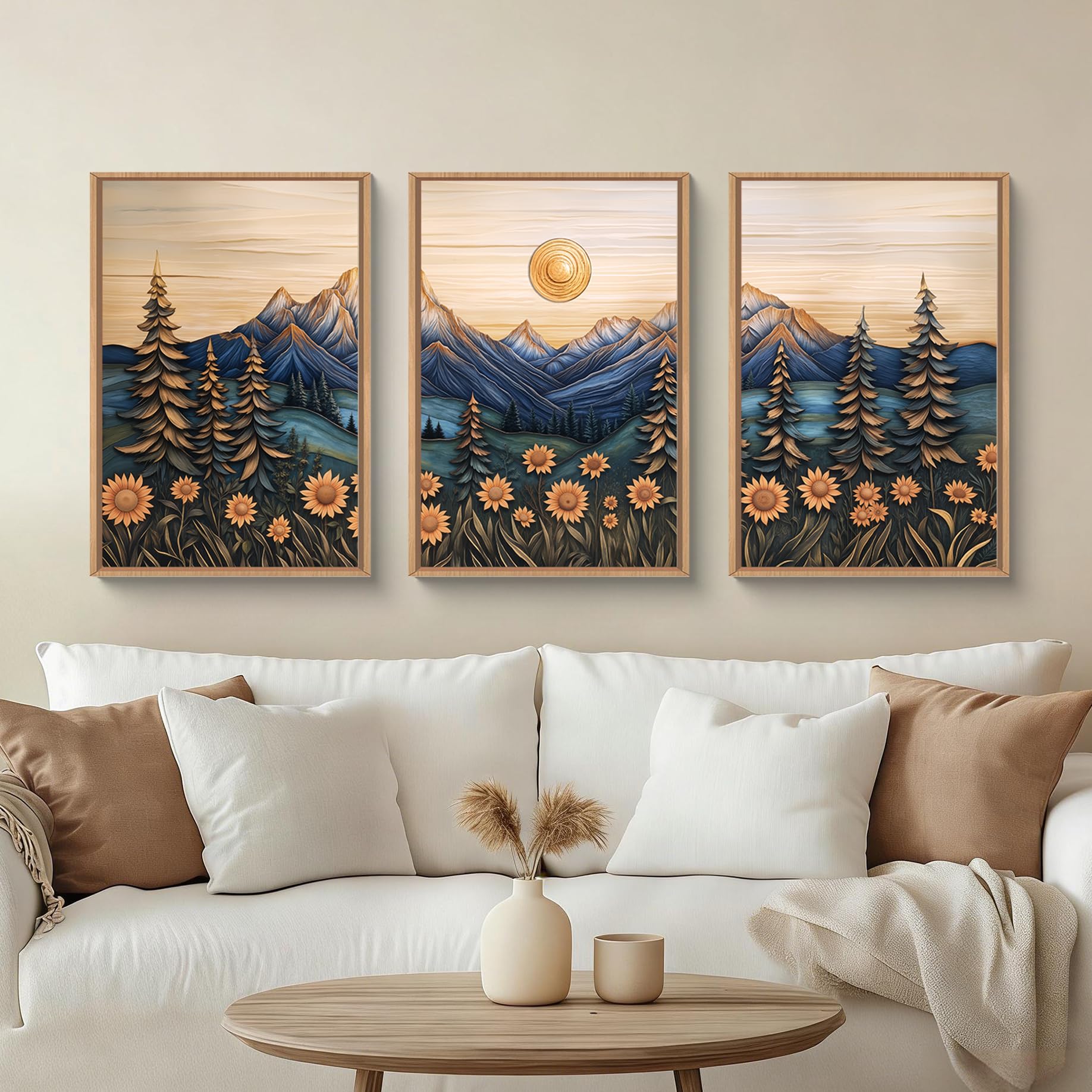 Abstract Natural Landscape Framed Canvas Wall Art Set, Watercolor Tan Green Beige Wall Decor, Minimalist Neutral Modern Scenery Artwork for Living Room, Bedroom,Farmhouse- 40"x20"x1