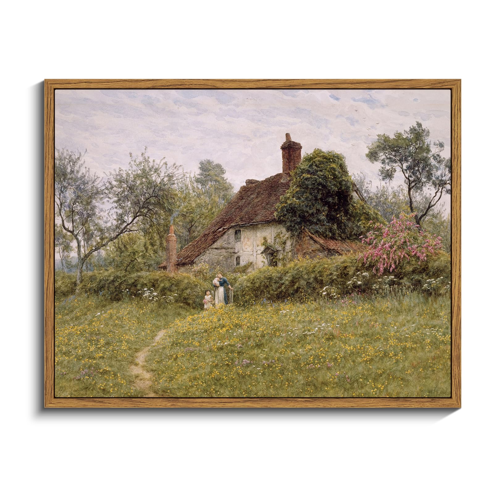 InSimSea Framed Canvas Wall Art Vintage Decor, Landscape Wall Art, Meadow with Flowers Art, Modern Farmhouse Decor, Cottagecore Bedroom Bathroom Office Decorations, 24"x36"