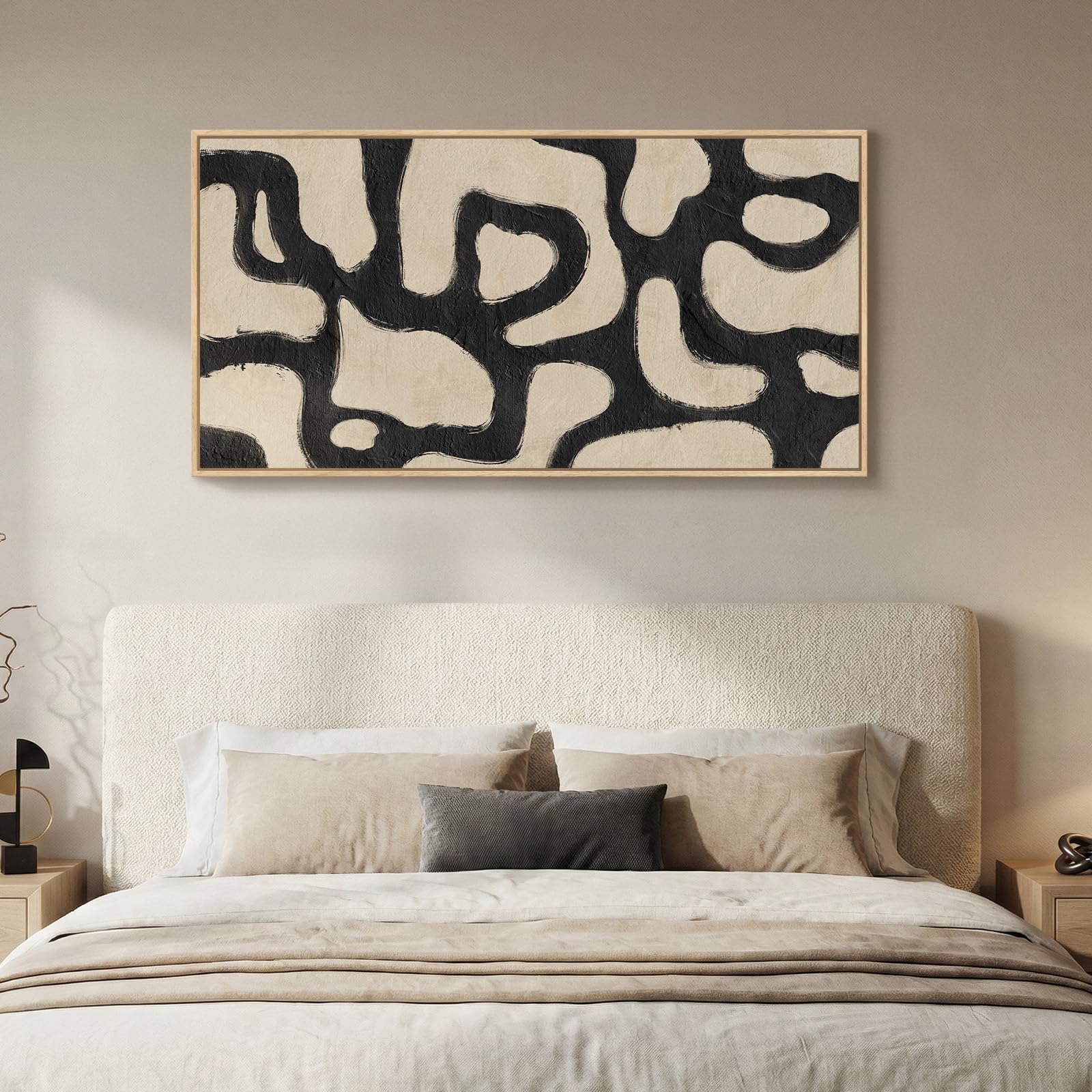 Framed Abstract Landscape Wall Art for Living Room, Extra Large Brown Misty Lake Trees Canvas Artwork for Walls, Horizontal Minimalist Wabi Sabi Painting Print for Bedroom Office Wall Decor, 30x60 In