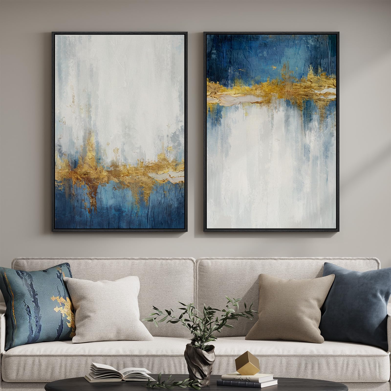 Framed Sage Green Abstract Wall Art for Living Room, Large Set of 2 Abstract Landscape Canvas Artwork for Walls, Minimalist Painting Print for Bedroom Dining Room Office Hallway Wall Decor, 24x36 Inch