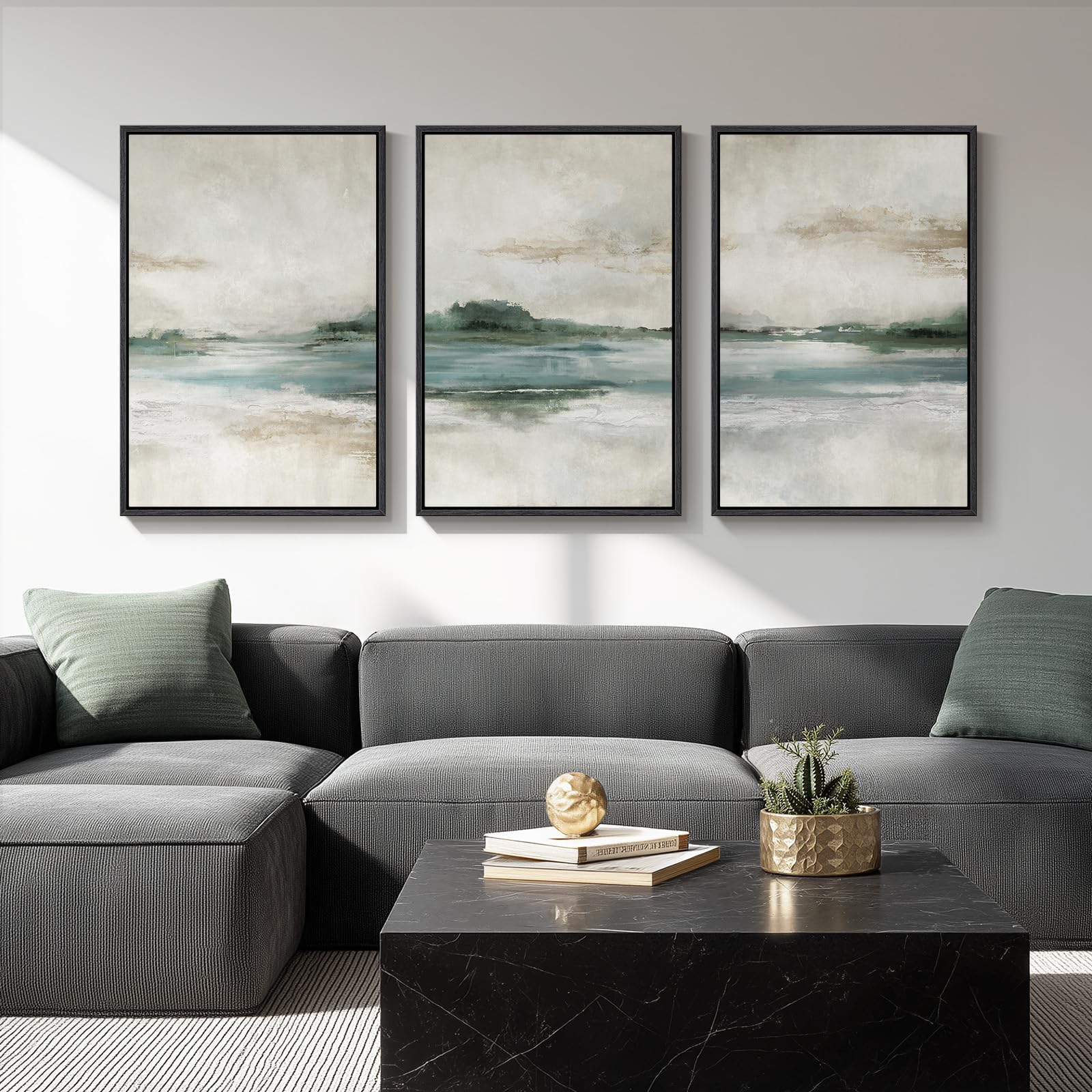 Large Framed Sage Green Abstract Landscape Wall Art for Living Room, 3 Piece Modern Canvas Prints Paintings Artwork for Walls, Nature Rustic Pictures Wall Decor for Bedroom Farmhouse Office 24x36 In