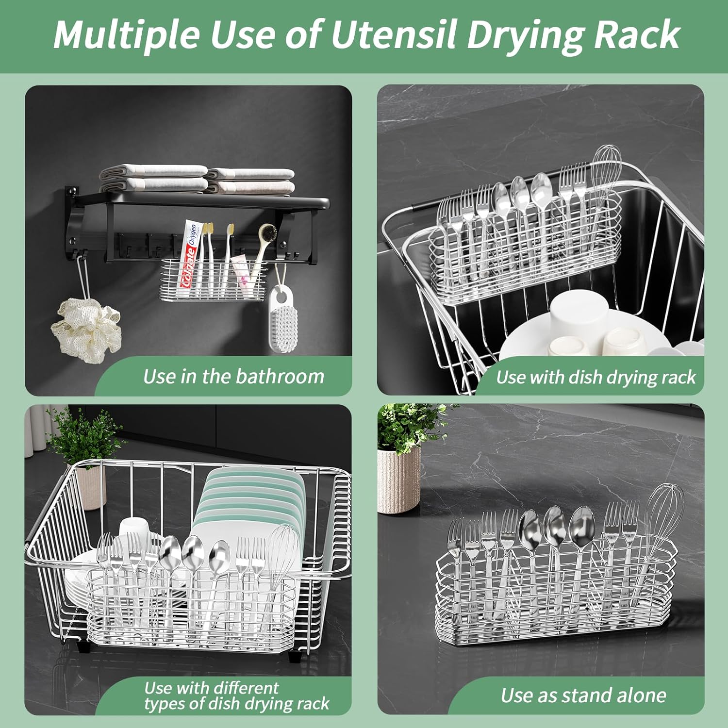 Fanbsy 304 Stainless Steel Utensil Holder, Dish Drying Rack, Kitchen Utensil Organizer, Knife and Fork Drainage Rack, Kitchen Drainage Basket Accessories, with Hooks, Rust Proof
