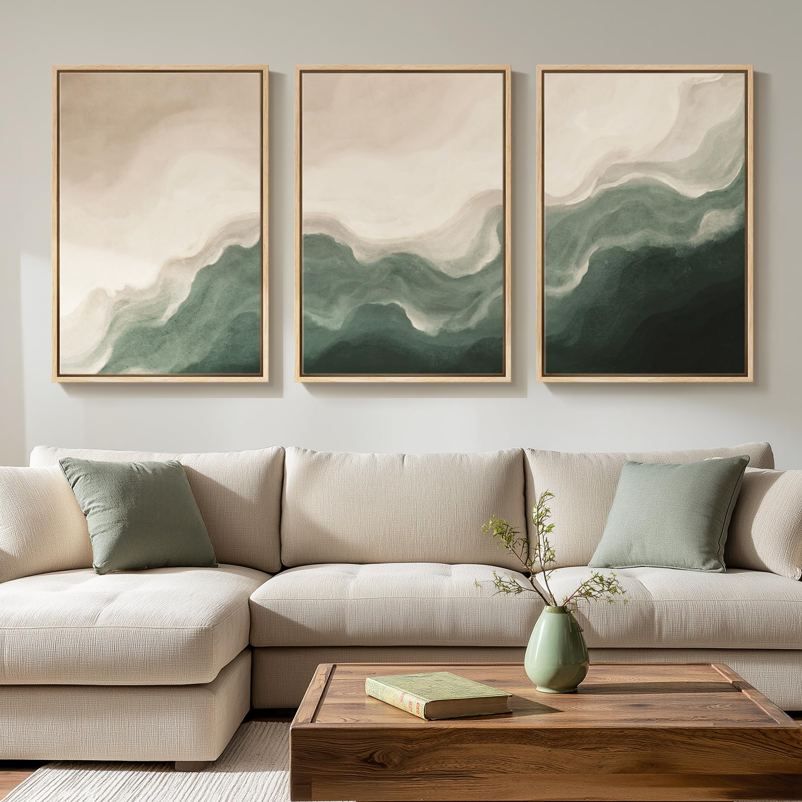 Large Framed Sage Green Abstract Landscape Wall Art for Living Room, 3 Piece Modern Canvas Prints Paintings Artwork for Walls, Nature Rustic Pictures Wall Decor for Bedroom Farmhouse Office 24x36 In