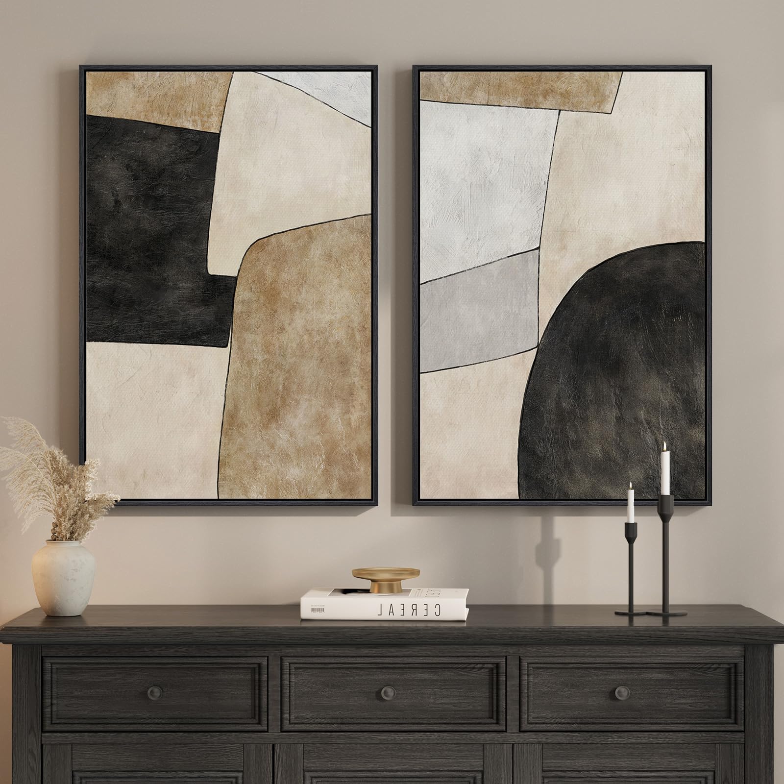 Framed Sage Green Abstract Wall Art for Living Room, Large Set of 2 Abstract Landscape Canvas Artwork for Walls, Minimalist Painting Print for Bedroom Dining Room Office Hallway Wall Decor, 24x36 Inch