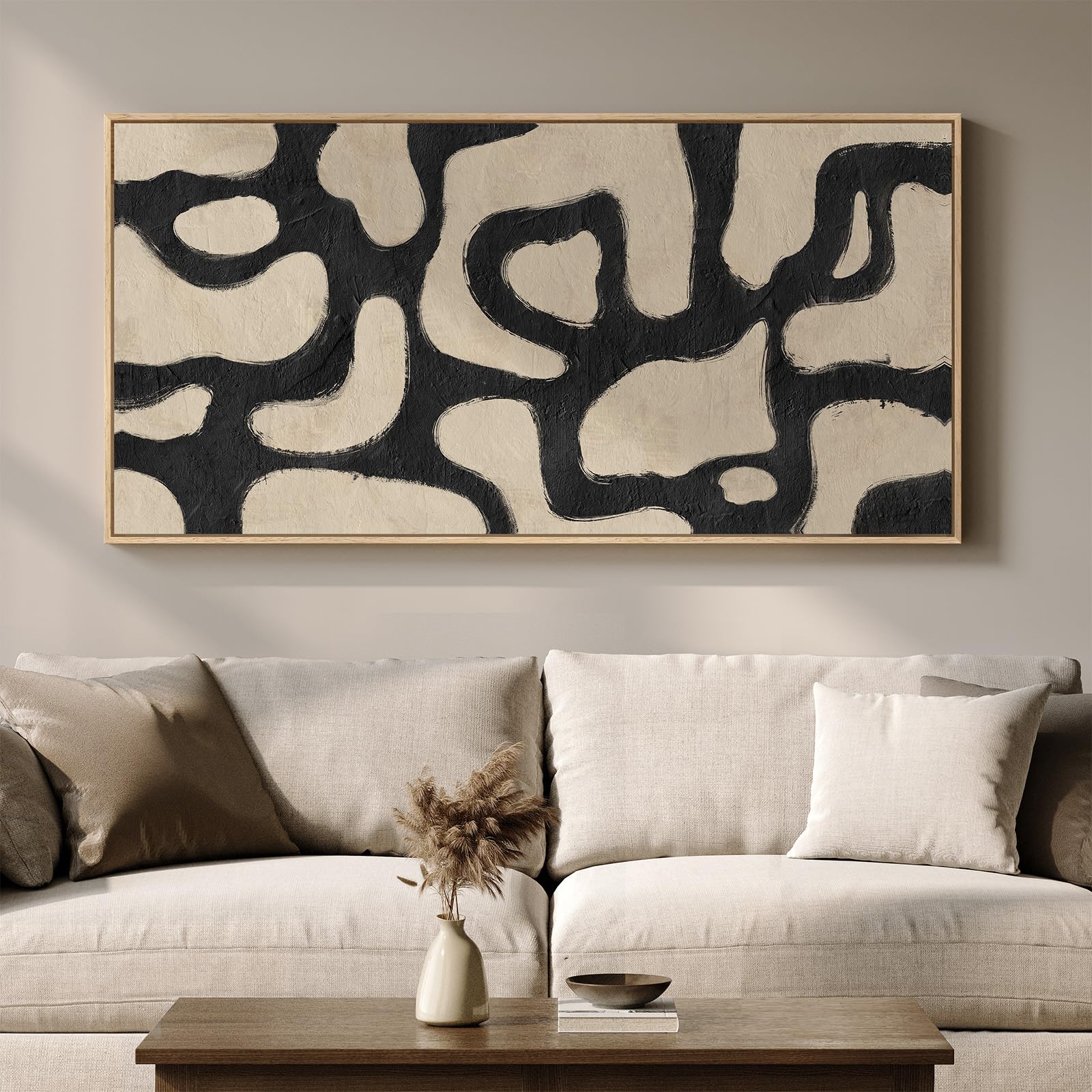Framed Abstract Landscape Wall Art for Living Room, Extra Large Brown Misty Lake Trees Canvas Artwork for Walls, Horizontal Minimalist Wabi Sabi Painting Print for Bedroom Office Wall Decor, 30x60 In