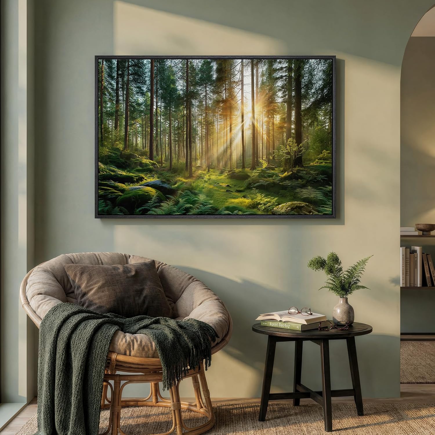 Framed Forest Landscape Wall Art, Horizontal Nature Sunset Canvas Artwork for Walls, Wilderness Scenery Photography Picture, Green Peaceful Print for Living Room Hallway Office Wall Decor, 24x36 Inch