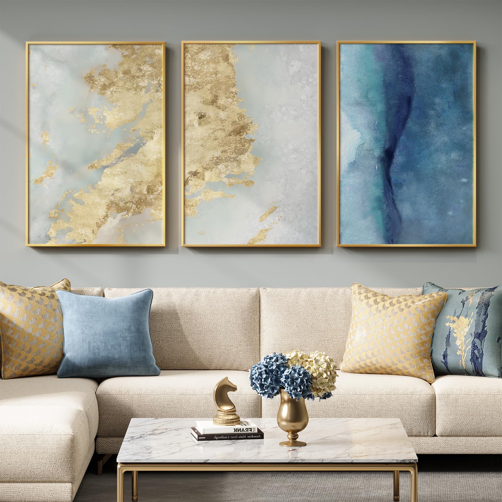 Large Framed Sage Green Abstract Landscape Wall Art for Living Room, 3 Piece Modern Canvas Prints Paintings Artwork for Walls, Nature Rustic Pictures Wall Decor for Bedroom Farmhouse Office 24x36 In