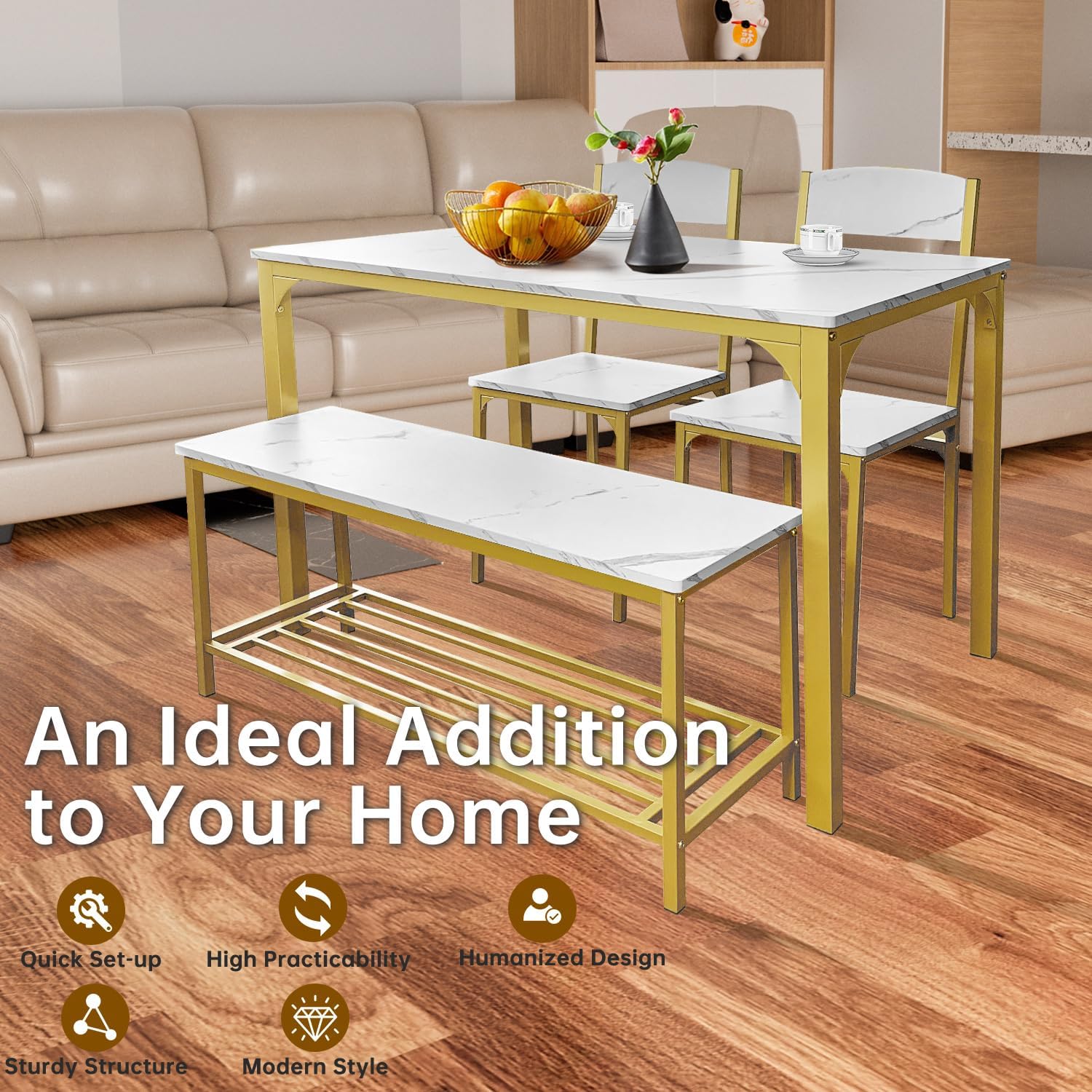 AT-VALY Dining Chairs Set of 2, 18 inch Seat Height Armless Kitchen Chairs with Heavy-Duty Metal Frame for Dining Room (Gold)