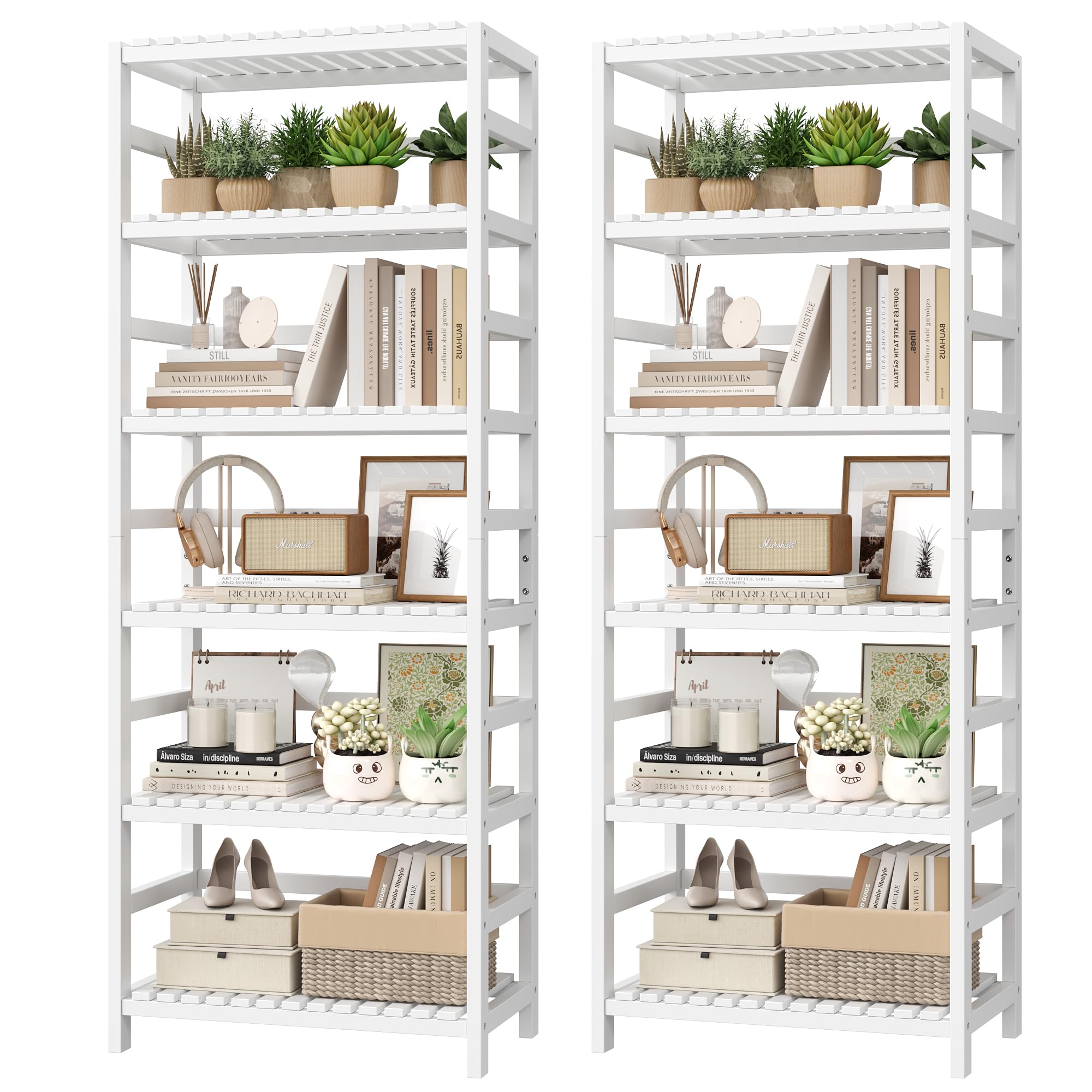 FOTOSOK 6-Tier Bamboo Shelf, Bamboo Bookcase with Adjustable Shelves, Free Standing Storage Shelf Unit, Plant Flower Stand for Kitchen, Bathroom, Home Office, Natural