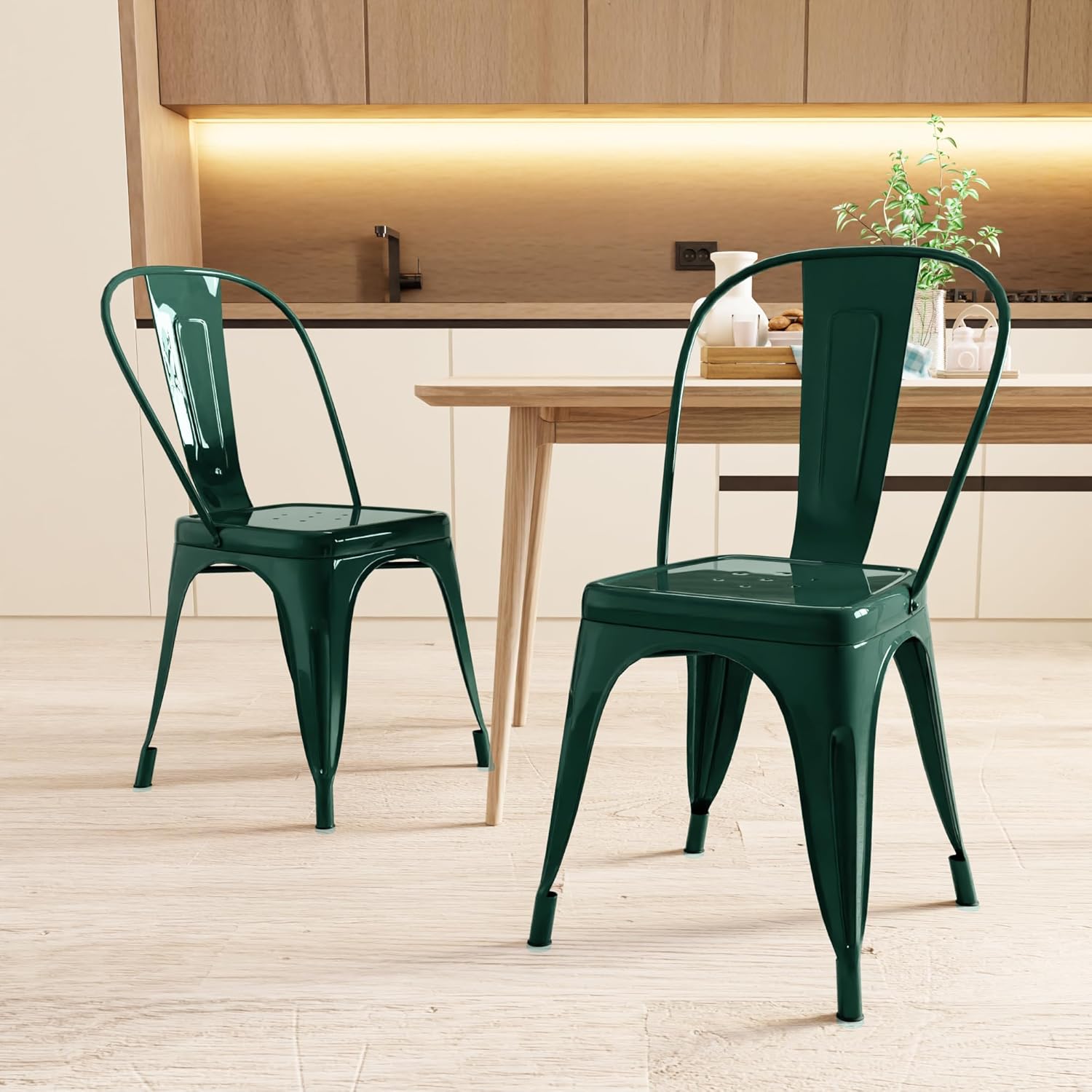 AC Pacific 18 Inch Seat Height Industrial Metal Dining Chairs, Stackable Kitchen or Bar Seat, Durable Modern Design, Versatile Accent Furniture, Set of 2, Dark Green