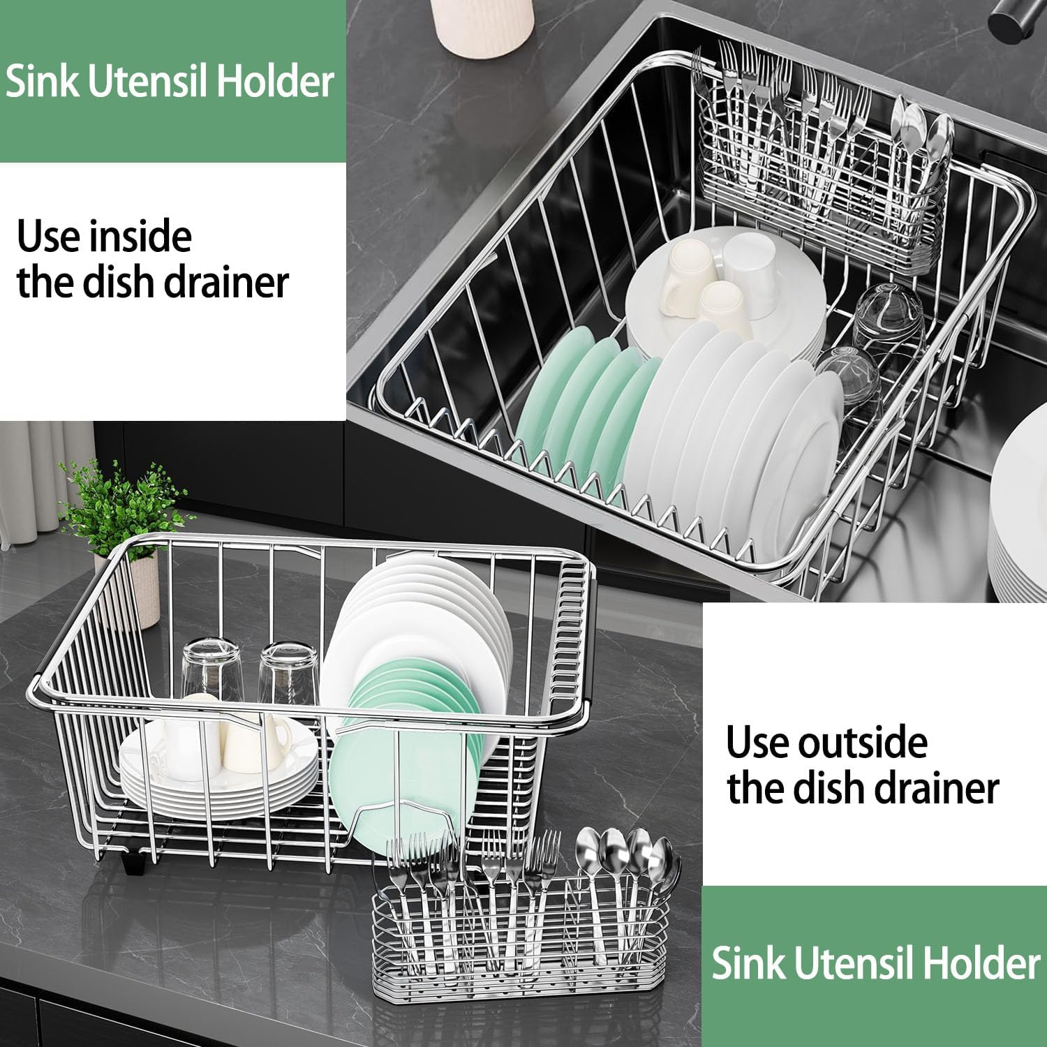 Fanbsy 304 Stainless Steel Utensil Holder, Dish Drying Rack, Kitchen Utensil Organizer, Knife and Fork Drainage Rack, Kitchen Drainage Basket Accessories, with Hooks, Rust Proof