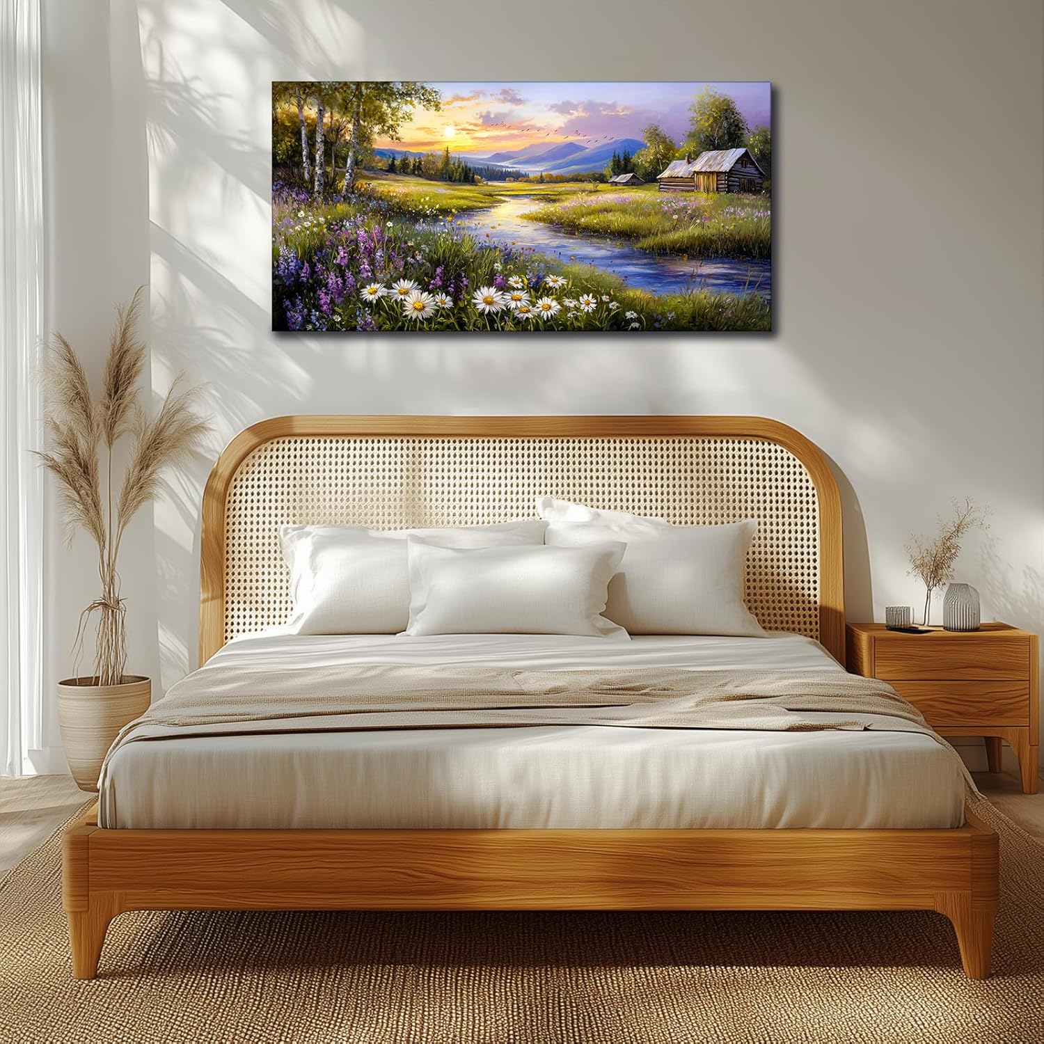 SERIMINO Large Wall Art Prints, Rural Landscape Wall Decor, Meadow Wildflower Canvas Painting, River Cottage Pictures Home Decor Living Room Bedroom, Green Scenery Farmhouse Decor Artwork 20"X40"