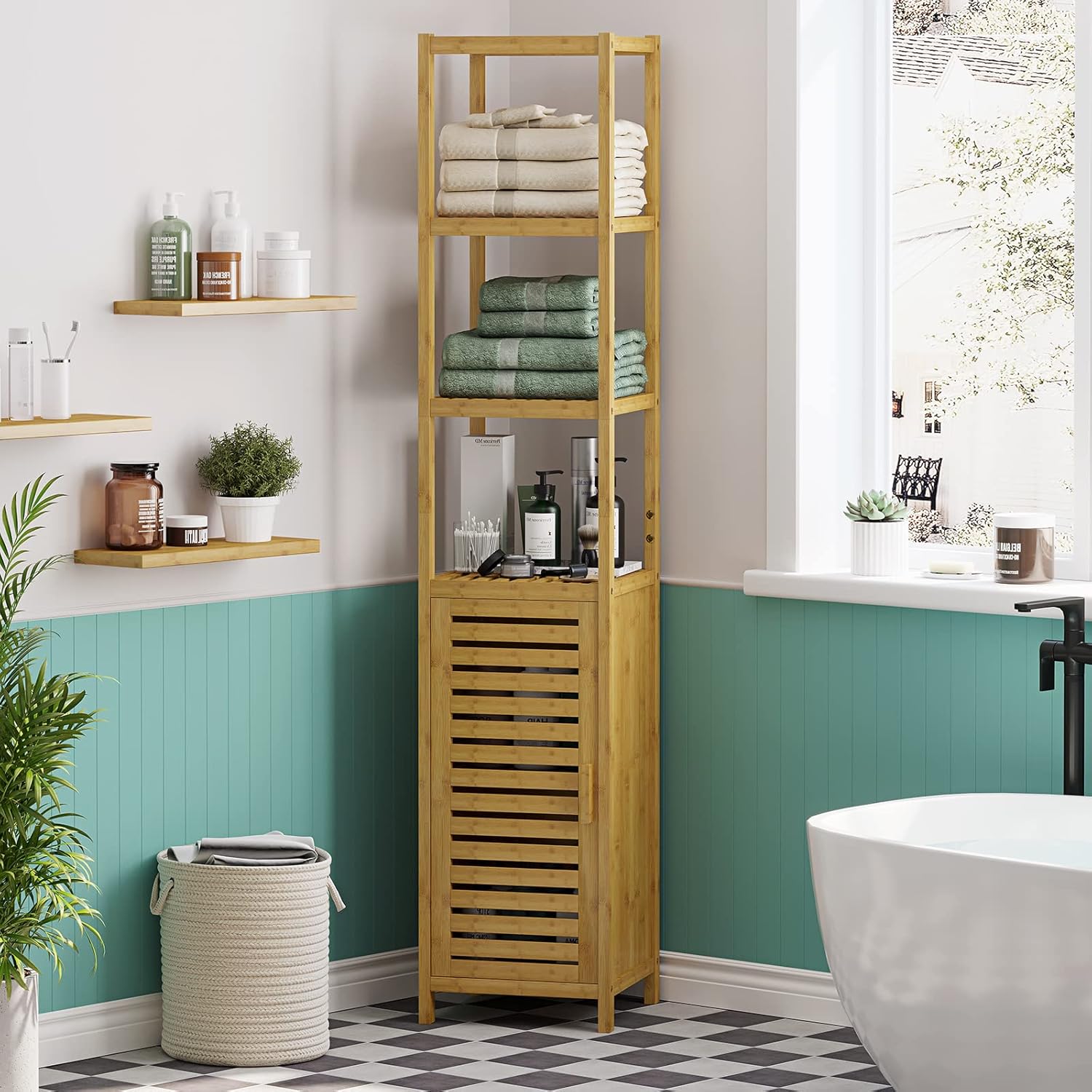 VIAGDO Storage Tall Slim Cabinet with Shutter Door and 3 Tier Shelves, Freestanding Linen Tower Cabinet for Living Room, Kitchen, Bathroom Organizer, Natural Bamboo