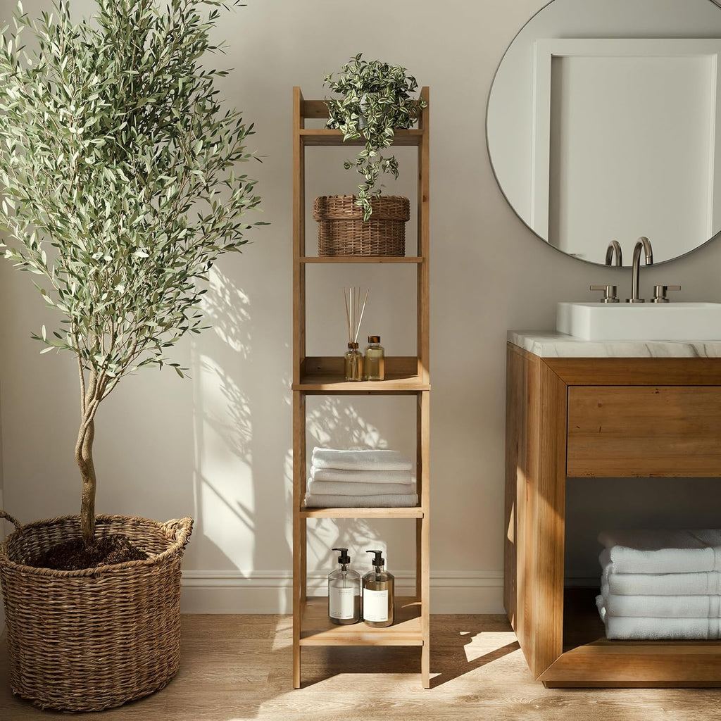 Zenna Home Bamboo Linen Tower with 5 Shelves, A-Frame Shelving Unit for Bathroom, Laundry and Other Household Storage, Natural Finish