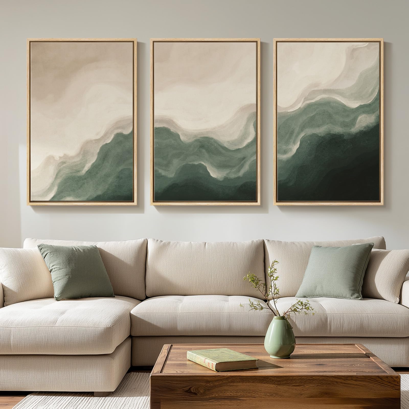 Large Framed Sage Green Abstract Landscape Wall Art for Living Room, 3 Piece Modern Canvas Prints Paintings Artwork for Walls, Nature Rustic Pictures Wall Decor for Bedroom Farmhouse Office 24x36 In