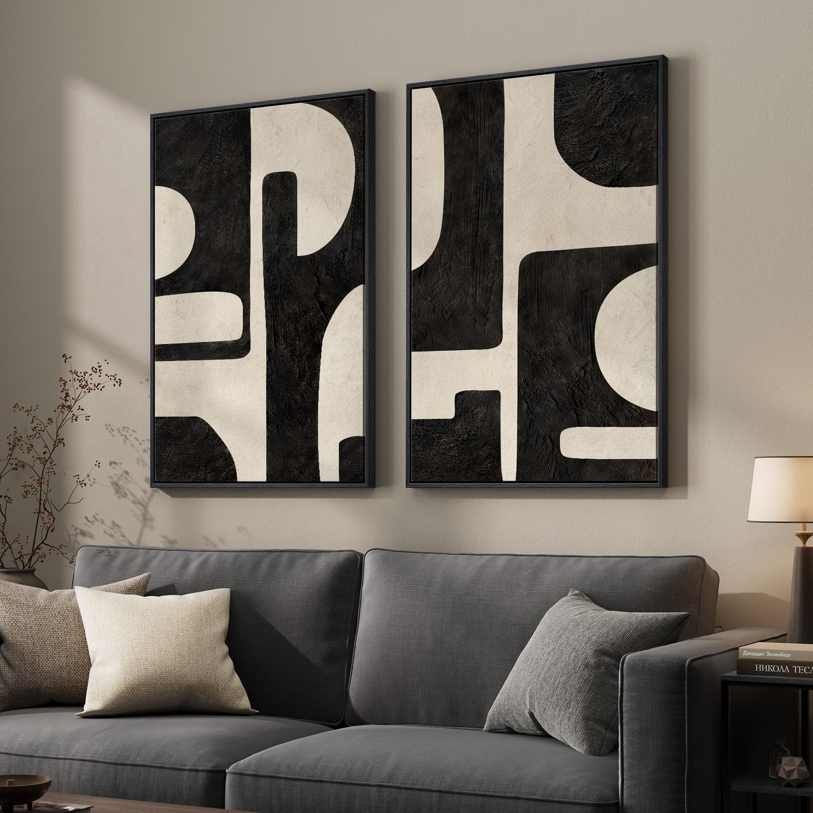 Framed Sage Green Abstract Wall Art for Living Room, Large Set of 2 Abstract Landscape Canvas Artwork for Walls, Minimalist Painting Print for Bedroom Dining Room Office Hallway Wall Decor, 24x36 Inch