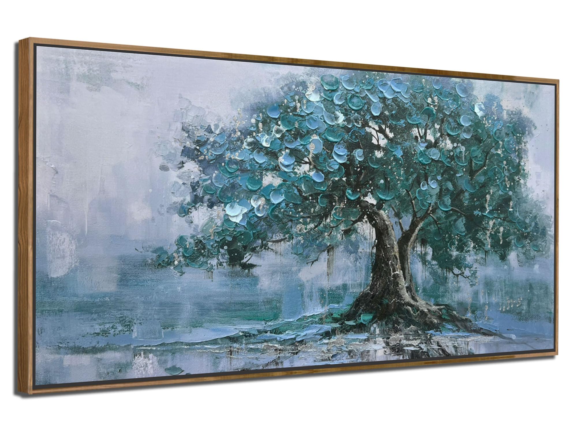 Ardemy Framed Lake & Mountain Canvas Wall Art 40"x20", Textured Blue-Green Landscape Painting, Large Nature Picture for Living Room Bedroom Office Decor