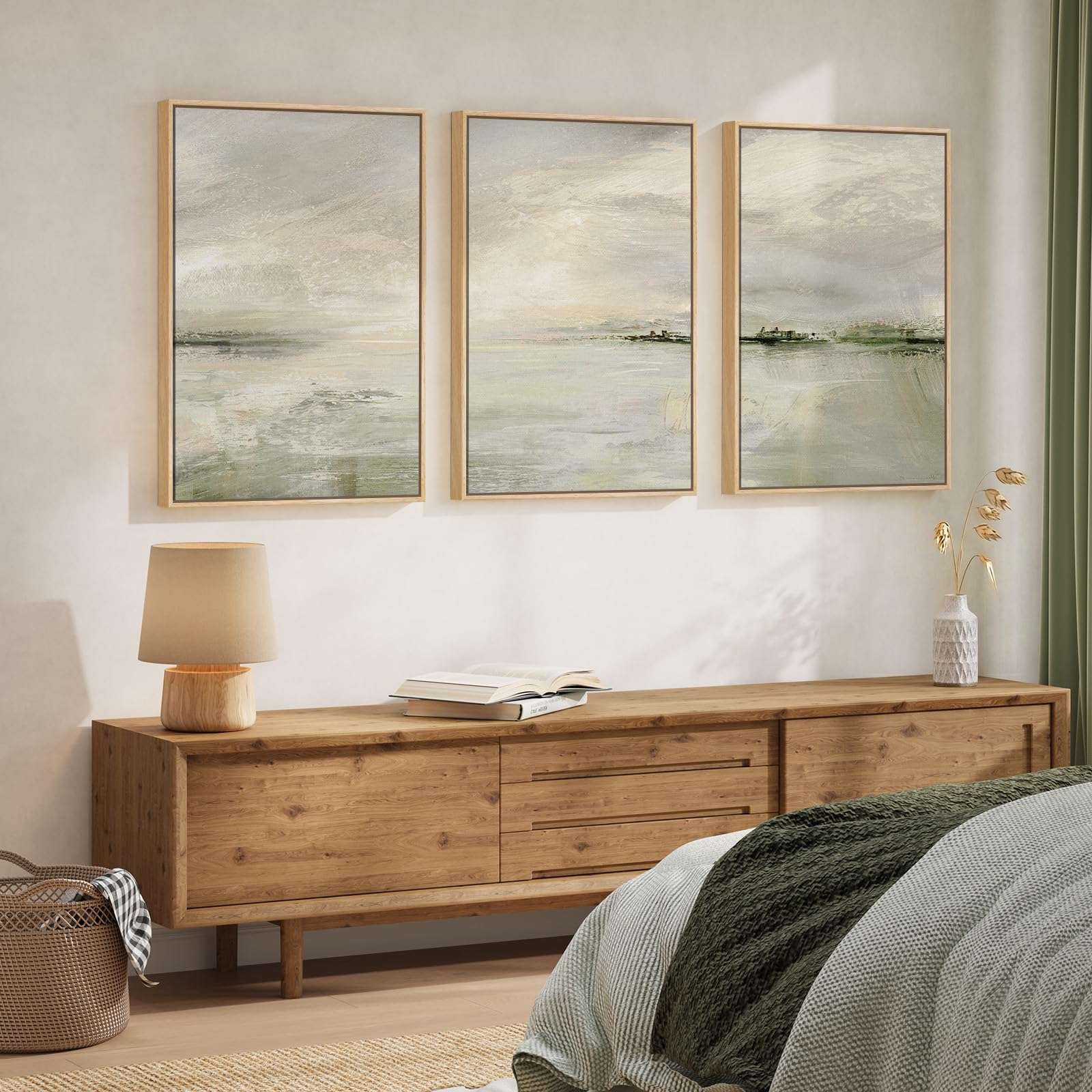 Large Framed Sage Green Abstract Landscape Wall Art for Living Room, 3 Piece Modern Canvas Prints Paintings Artwork for Walls, Nature Rustic Pictures Wall Decor for Bedroom Farmhouse Office 24x36 In