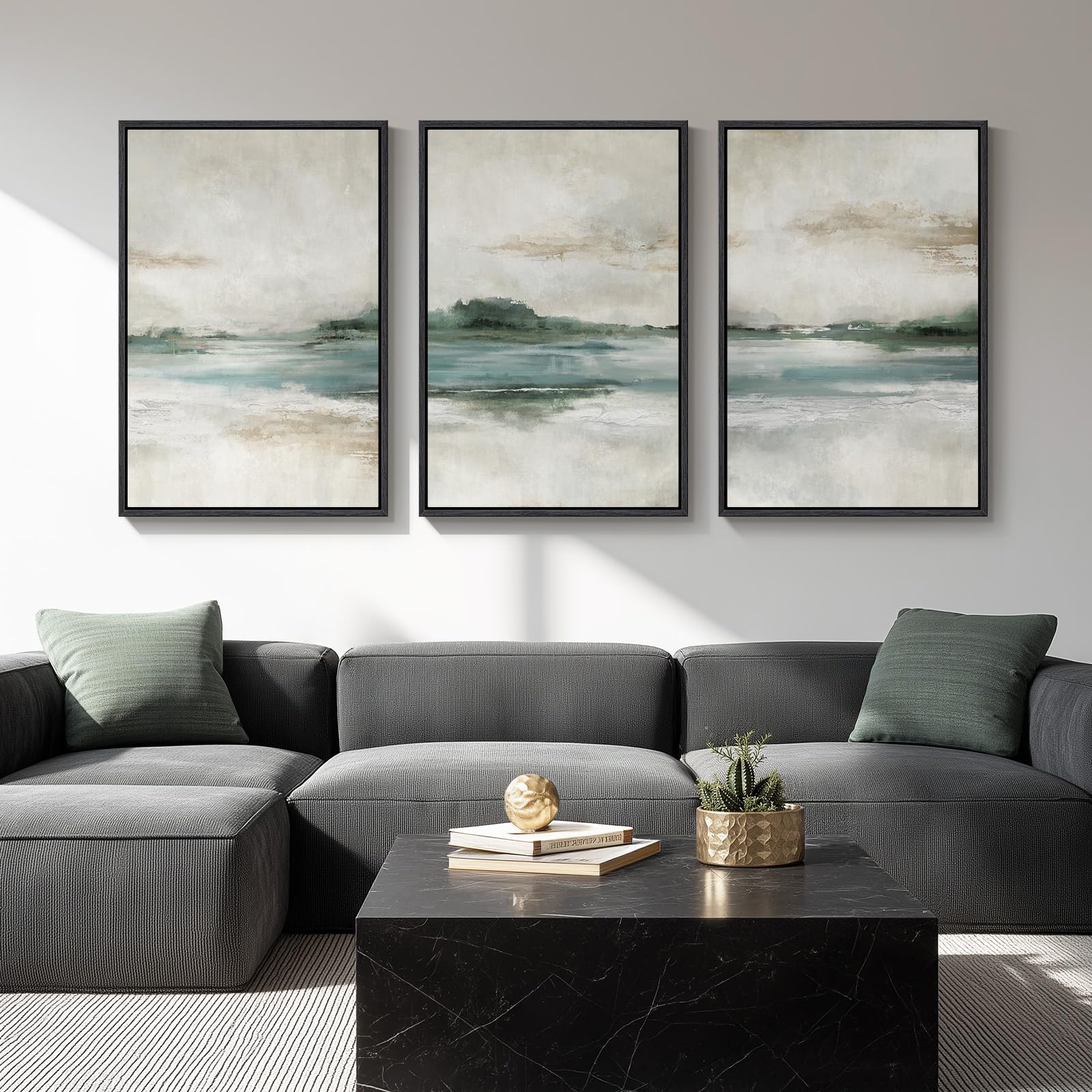 Large Framed Sage Green Abstract Landscape Wall Art for Living Room, 3 Piece Modern Canvas Prints Paintings Artwork for Walls, Nature Rustic Pictures Wall Decor for Bedroom Farmhouse Office 24x36 In