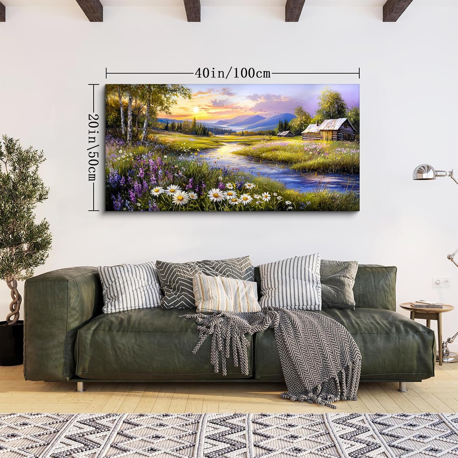 SERIMINO Large Wall Art Prints, Rural Landscape Wall Decor, Meadow Wildflower Canvas Painting, River Cottage Pictures Home Decor Living Room Bedroom, Green Scenery Farmhouse Decor Artwork 20"X40"