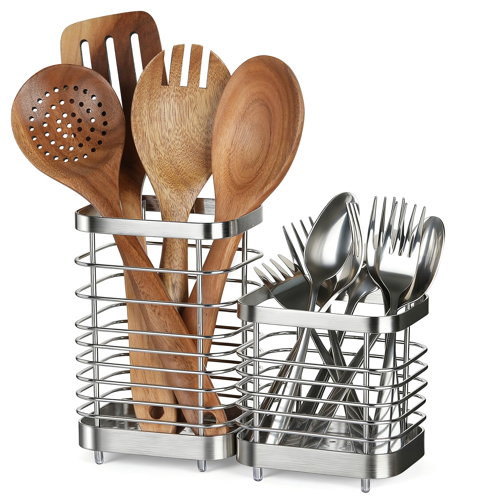 Utensil Holder, Stainless Steel Utensil Drying Rack for Kitchen Counter, Silverware Cutlery Flatware Holder Forks, Knives, Spoons, Chopsticks Organizer (Silver)