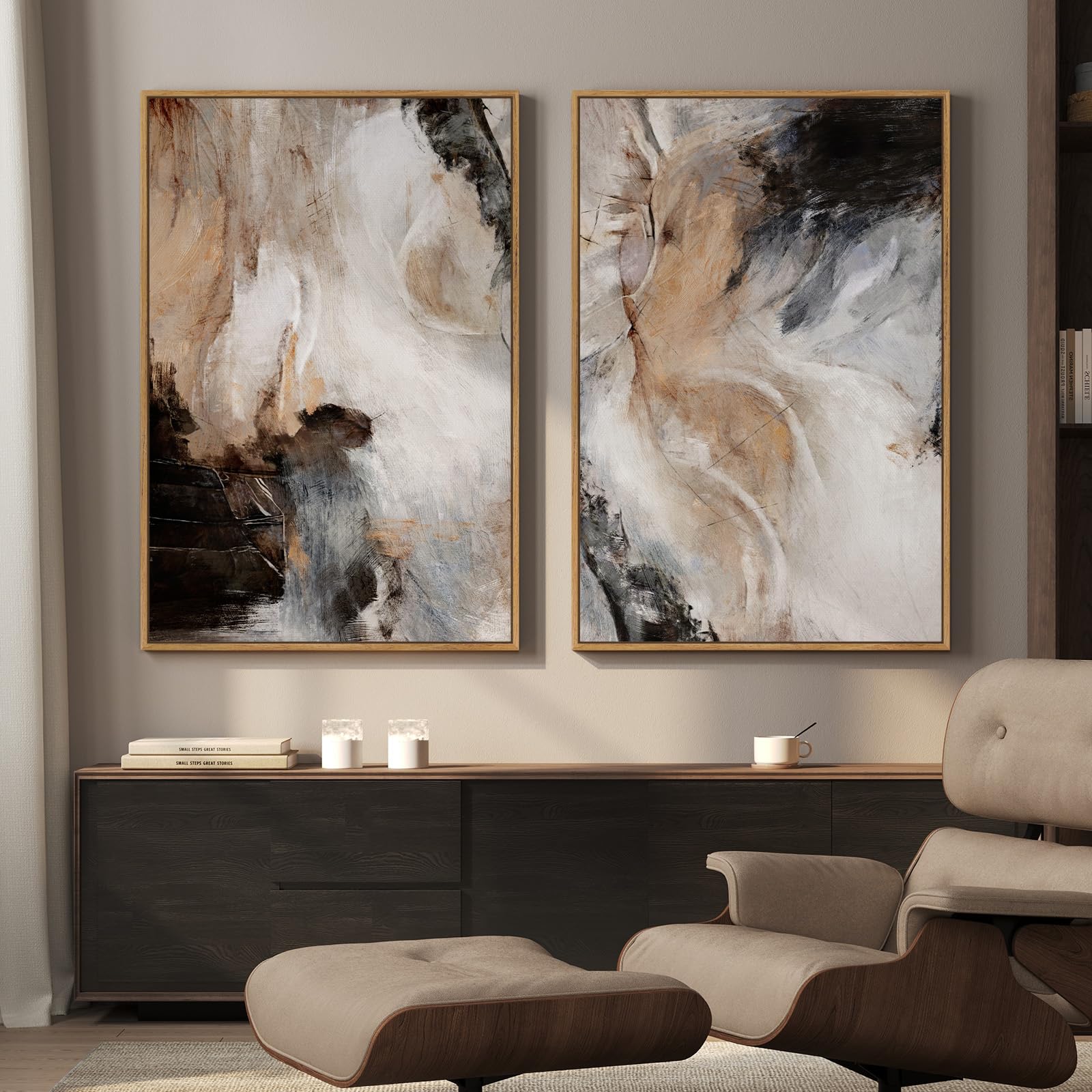 Framed Sage Green Abstract Wall Art for Living Room, Large Set of 2 Abstract Landscape Canvas Artwork for Walls, Minimalist Painting Print for Bedroom Dining Room Office Hallway Wall Decor, 24x36 Inch