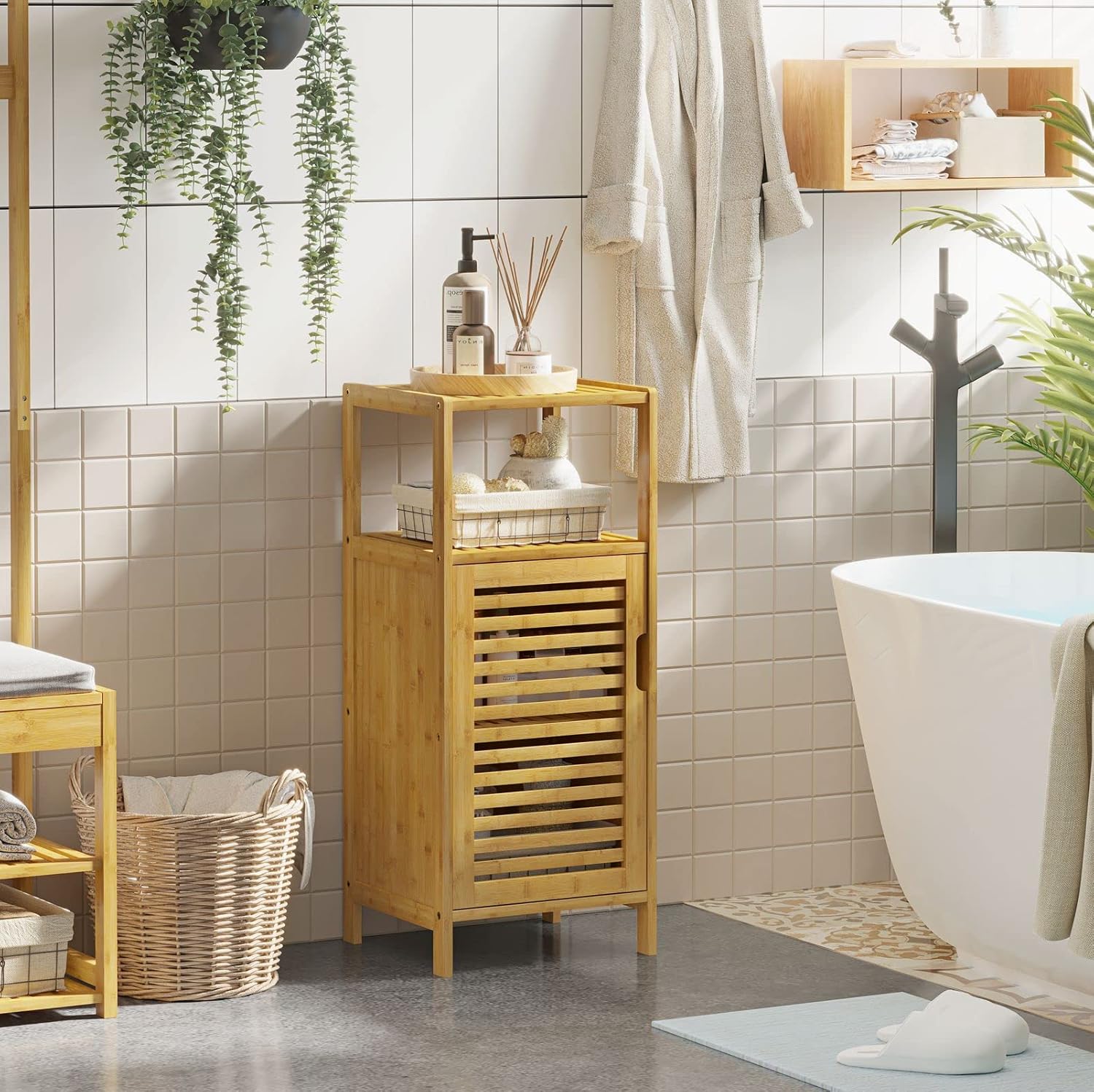 VIAGDO Bamboo Cabinet, Bathroom Storage Cabinet with Single Door and Shelf, Freestanding Bathroom Cabinet, Kitchen Cupboard, Sofa Side Table for Living Room/Hallway/Kitchen