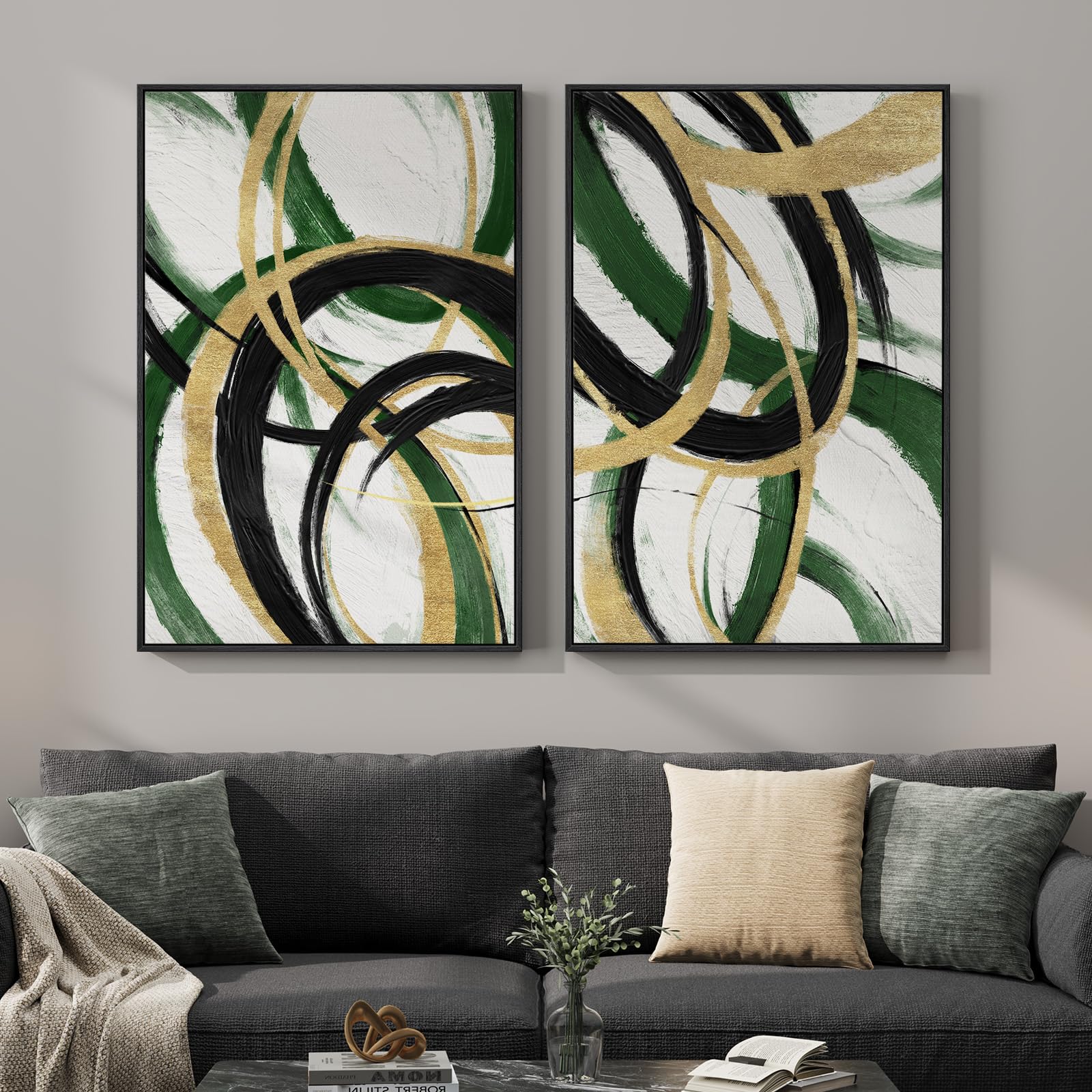 Framed Sage Green Abstract Wall Art for Living Room, Large Set of 2 Abstract Landscape Canvas Artwork for Walls, Minimalist Painting Print for Bedroom Dining Room Office Hallway Wall Decor, 24x36 Inch