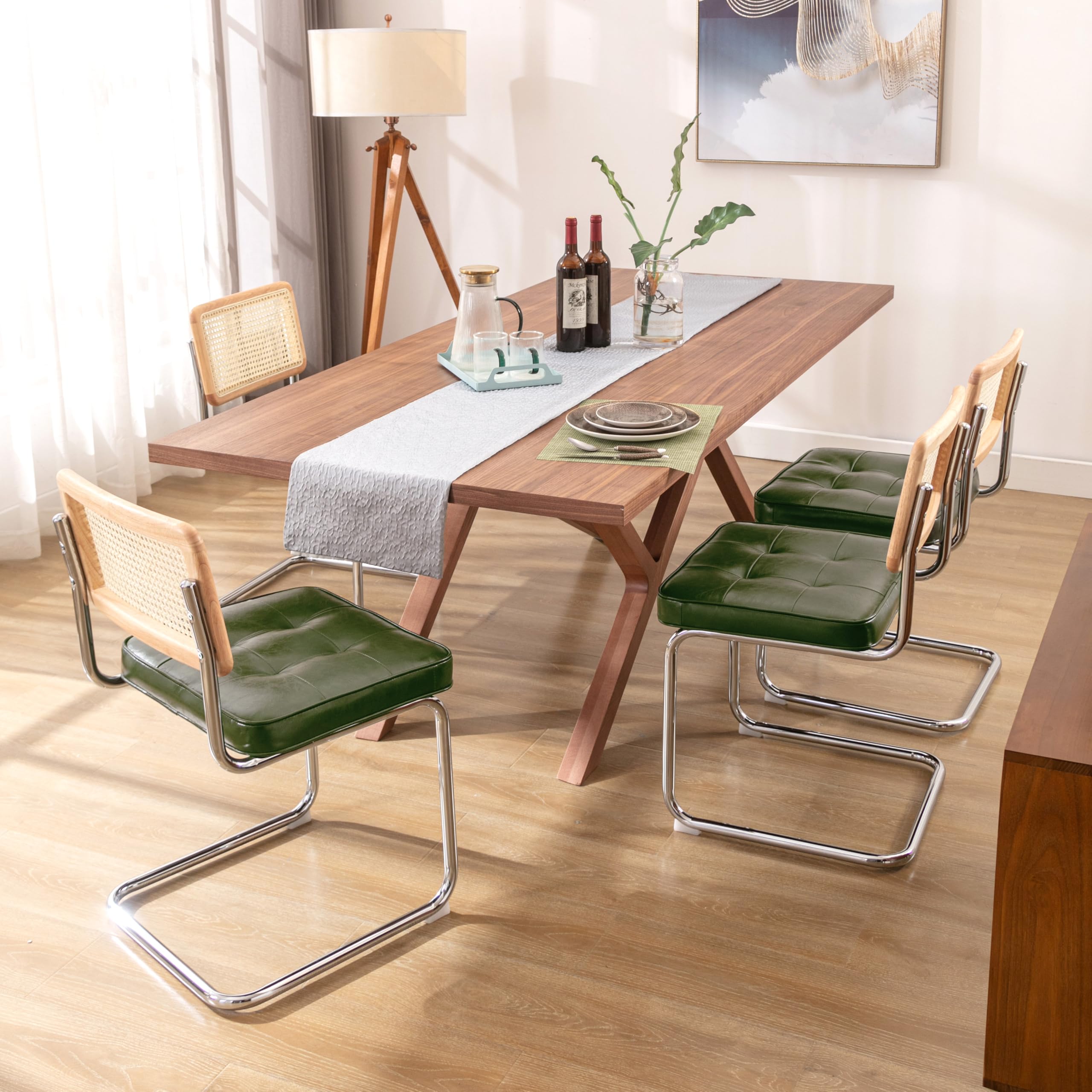 Zesthouse Natural Rattan Dining Chairs Set of 2, Olive Green Modern Kitchen Chairs with Solid Wood Back & Chrome Base, Mid Century Breuer Design Inspired, Upholstered Velvet Fabric
