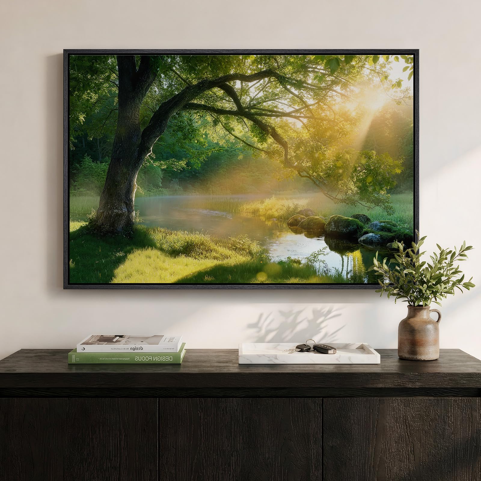 Framed Forest Landscape Wall Art, Horizontal Nature Sunset Canvas Artwork for Walls, Wilderness Scenery Photography Picture, Green Peaceful Print for Living Room Hallway Office Wall Decor, 24x36 Inch