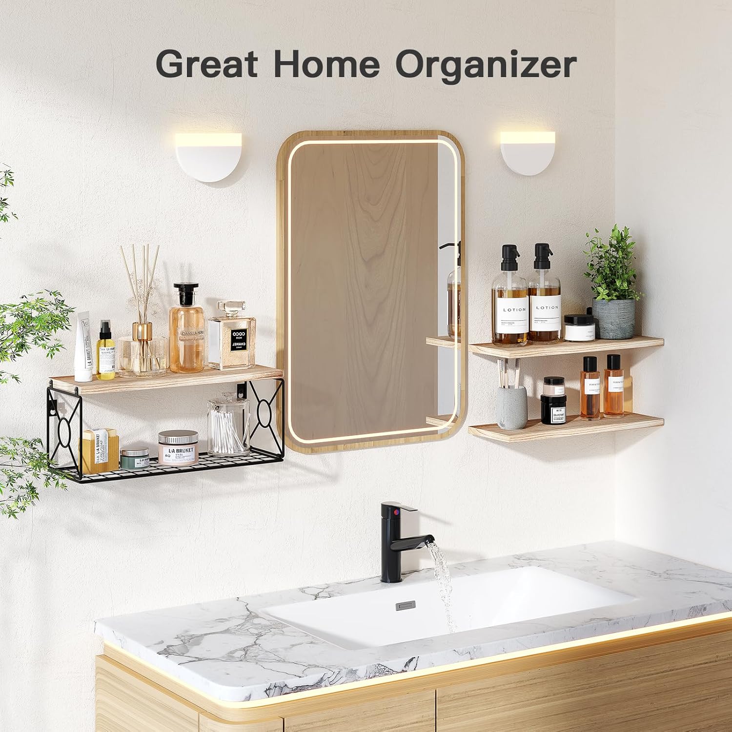 Amada Bathroom Shelves Over Toilet with Storage Basket, Floating Wall Shelf for Home Organization & Wall Decor, Bathroom/Kitchen/Living Room Shelves–Natural Wood