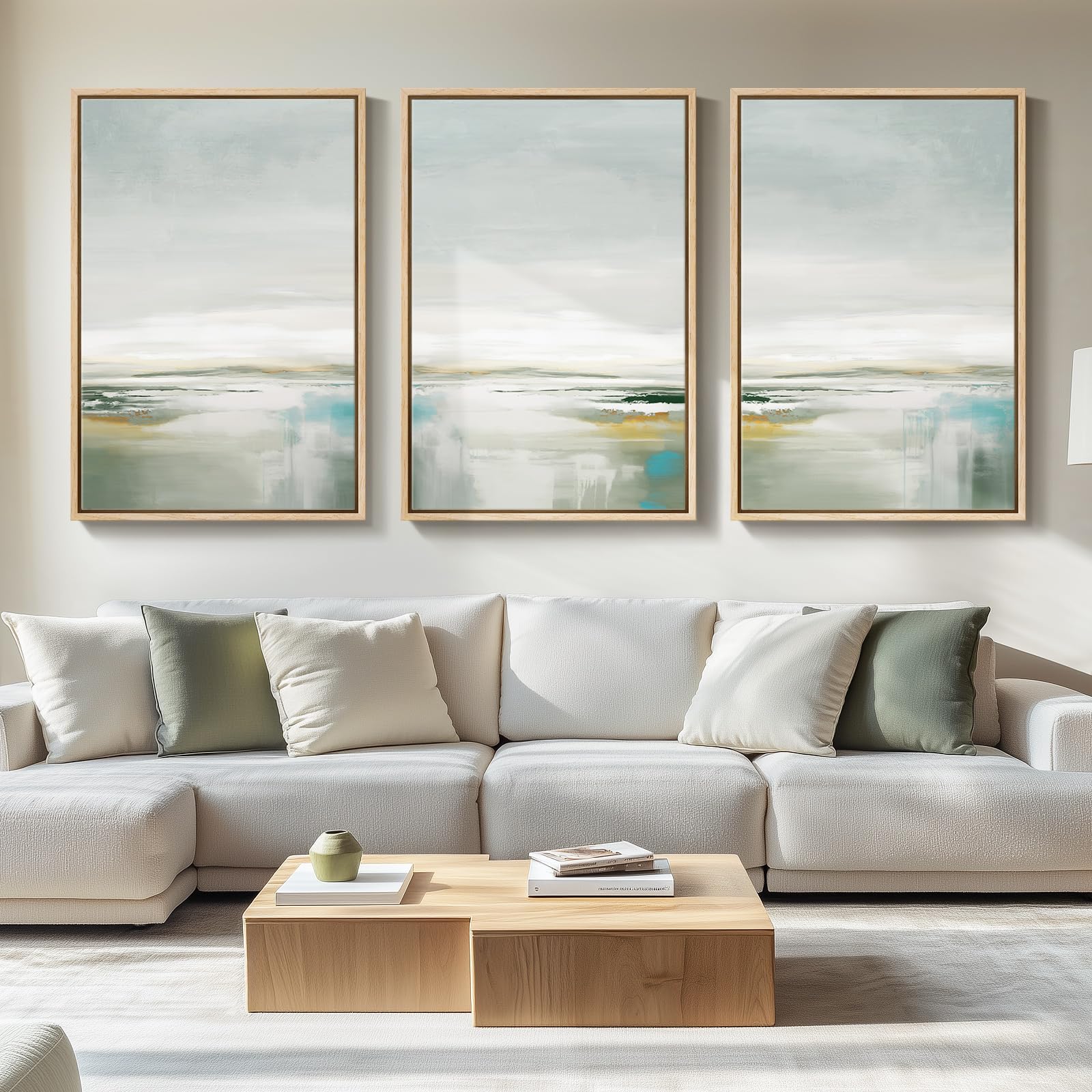 Large Framed Sage Green Abstract Landscape Wall Art for Living Room, 3 Piece Modern Canvas Prints Paintings Artwork for Walls, Nature Rustic Pictures Wall Decor for Bedroom Farmhouse Office 24x36 In