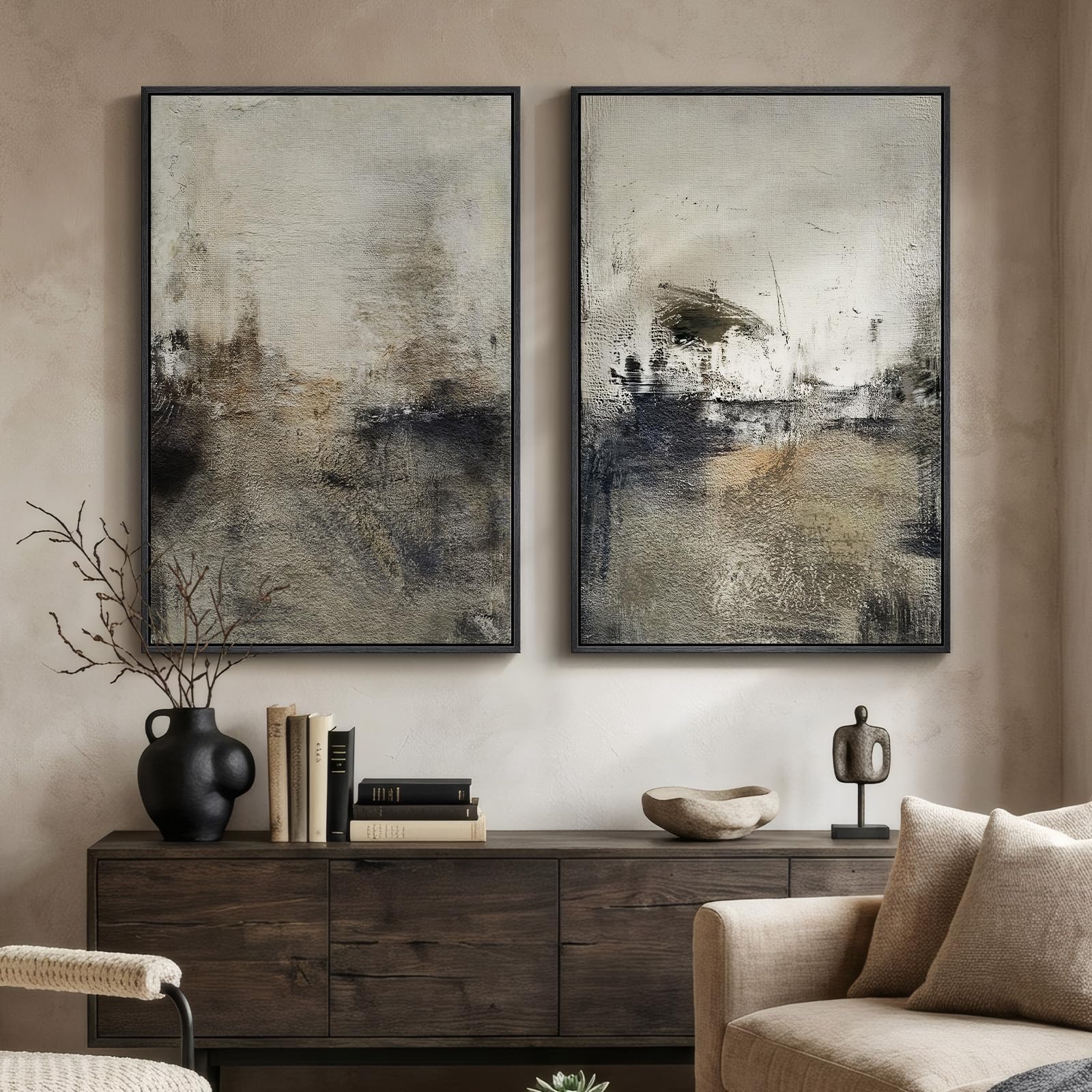 Framed Sage Green Abstract Wall Art for Living Room, Large Set of 2 Abstract Landscape Canvas Artwork for Walls, Minimalist Painting Print for Bedroom Dining Room Office Hallway Wall Decor, 24x36 Inch