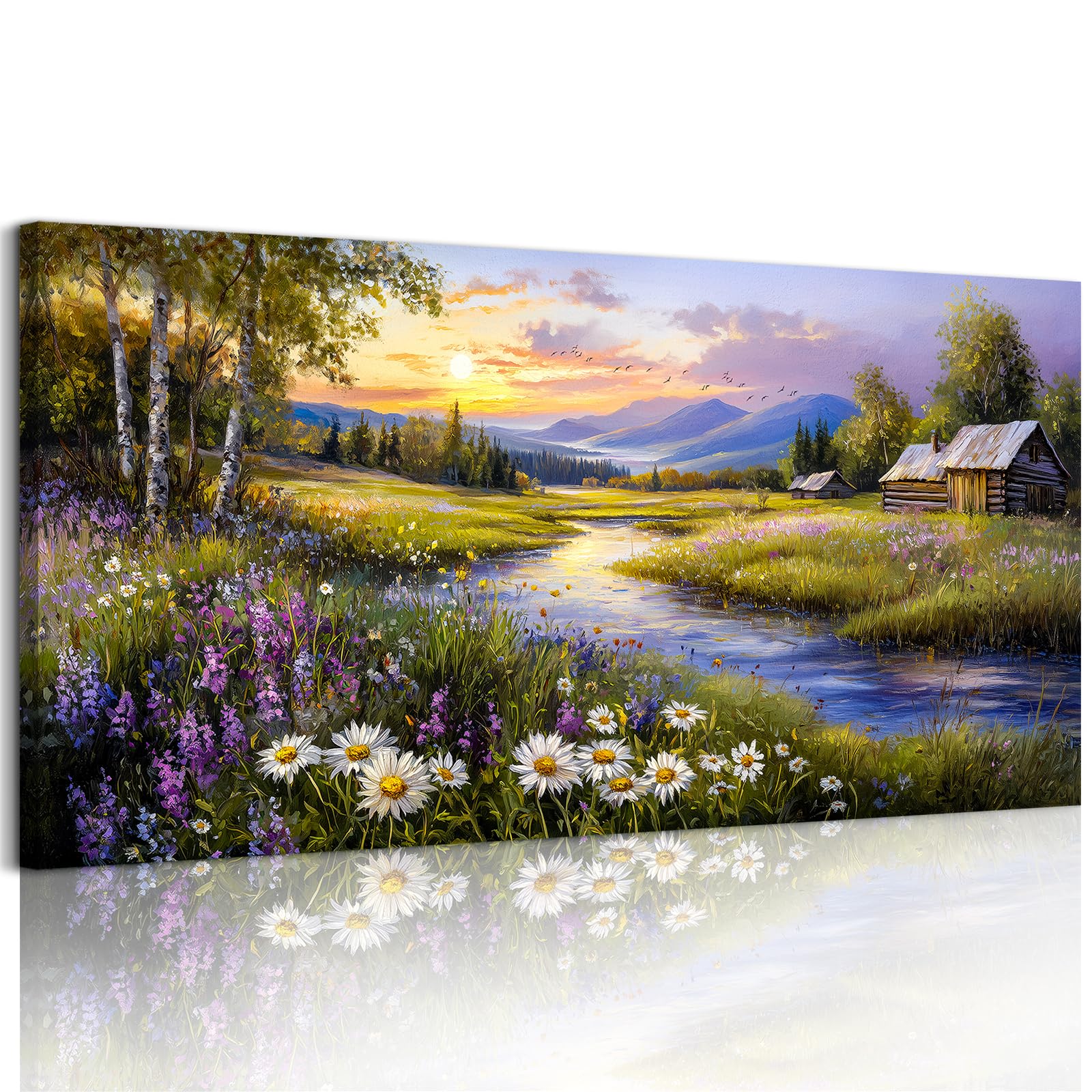 SERIMINO Large Wall Art Prints, Rural Landscape Wall Decor, Meadow Wildflower Canvas Painting, River Cottage Pictures Home Decor Living Room Bedroom, Green Scenery Farmhouse Decor Artwork 20"X40"