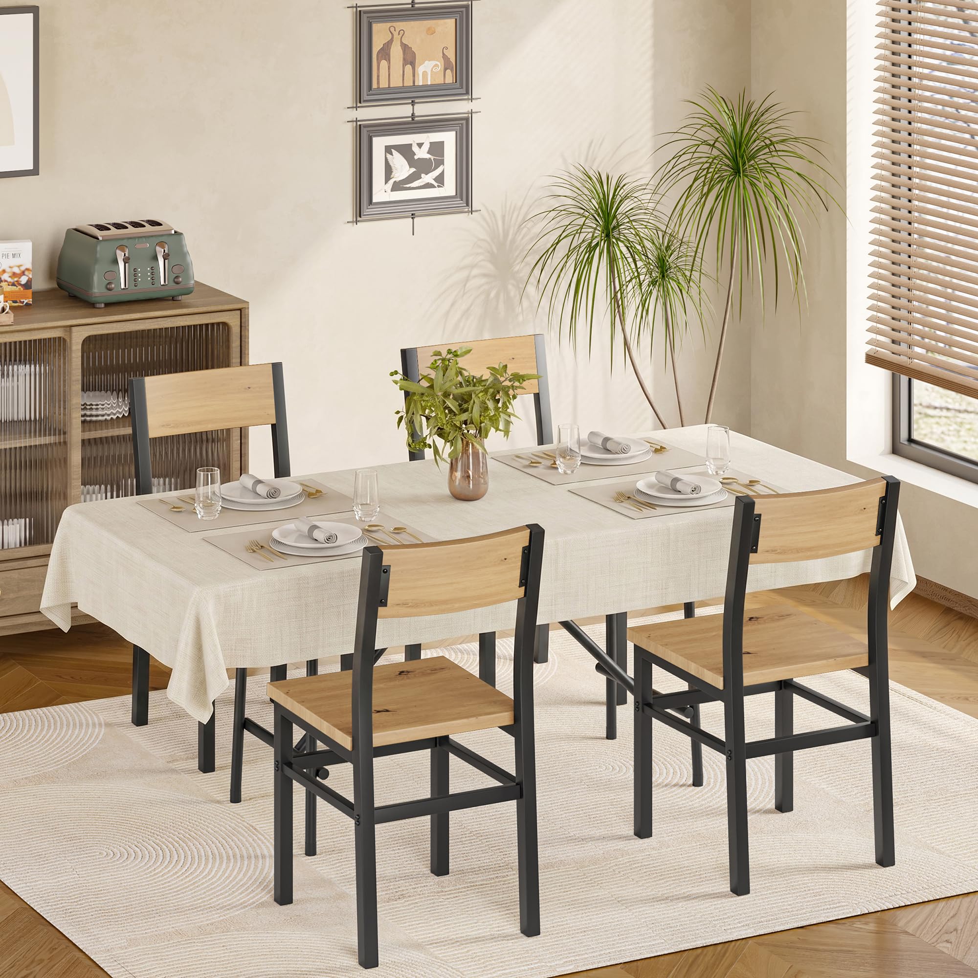 MECHYIN Dining Chairs Set of 4, Rustic Wood Dining Room Chairs with Thickened and Strengthened Metal Steel Frame & Slat Back, Modern Farmhouse Chair for Kitchen, Dining Room (4, Nut-Brown)